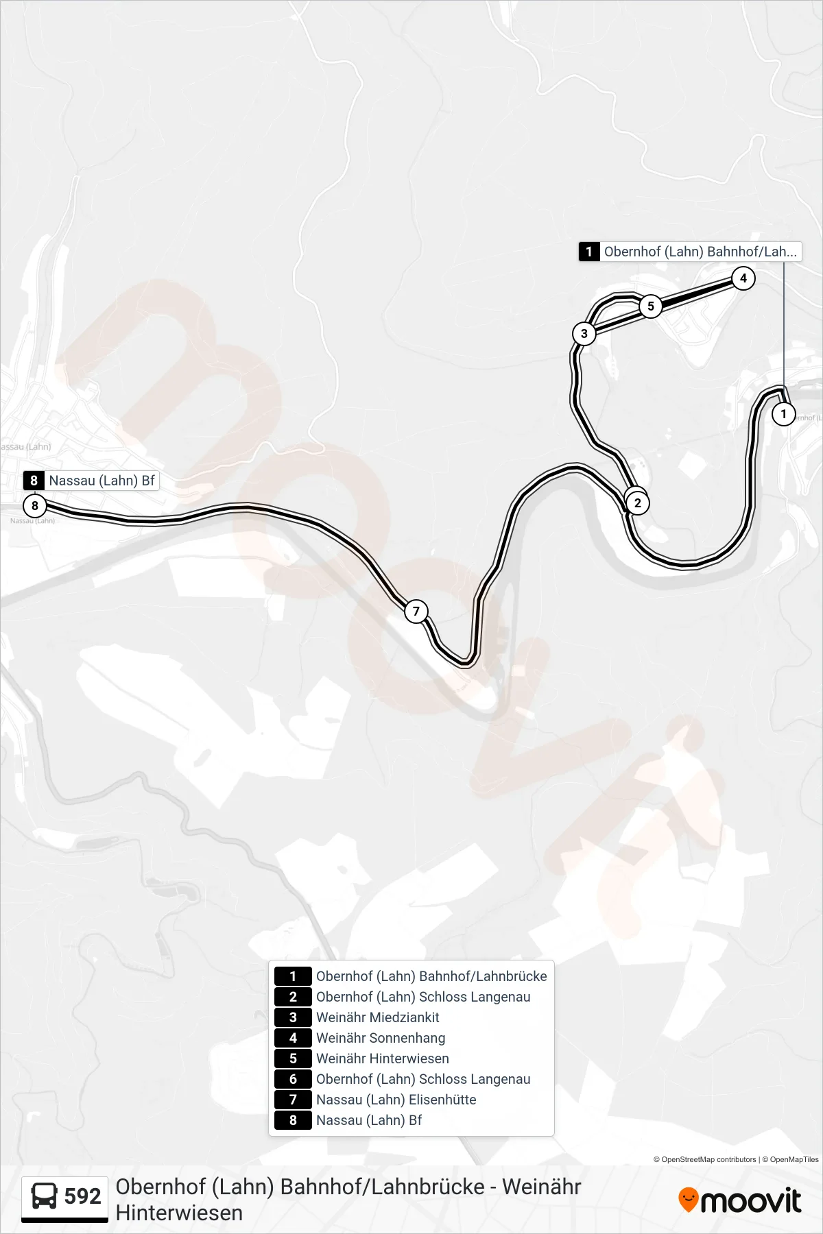 592 bus Line (Nassau (Lahn) Bf) route and stops on a map