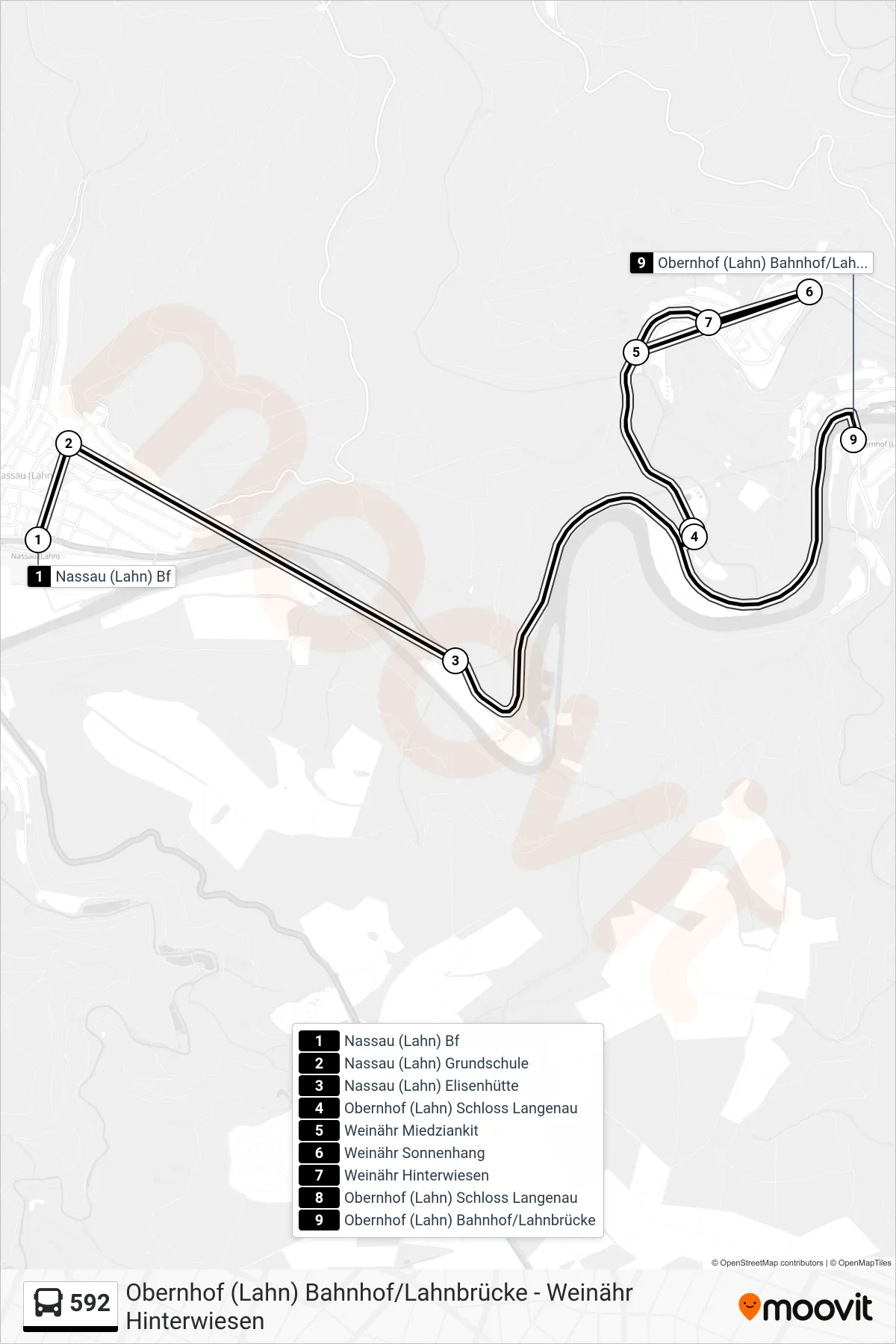 592 bus Line (Obernhof (Lahn) Bahnhof/Lahnbrücke) route and stops on a map
