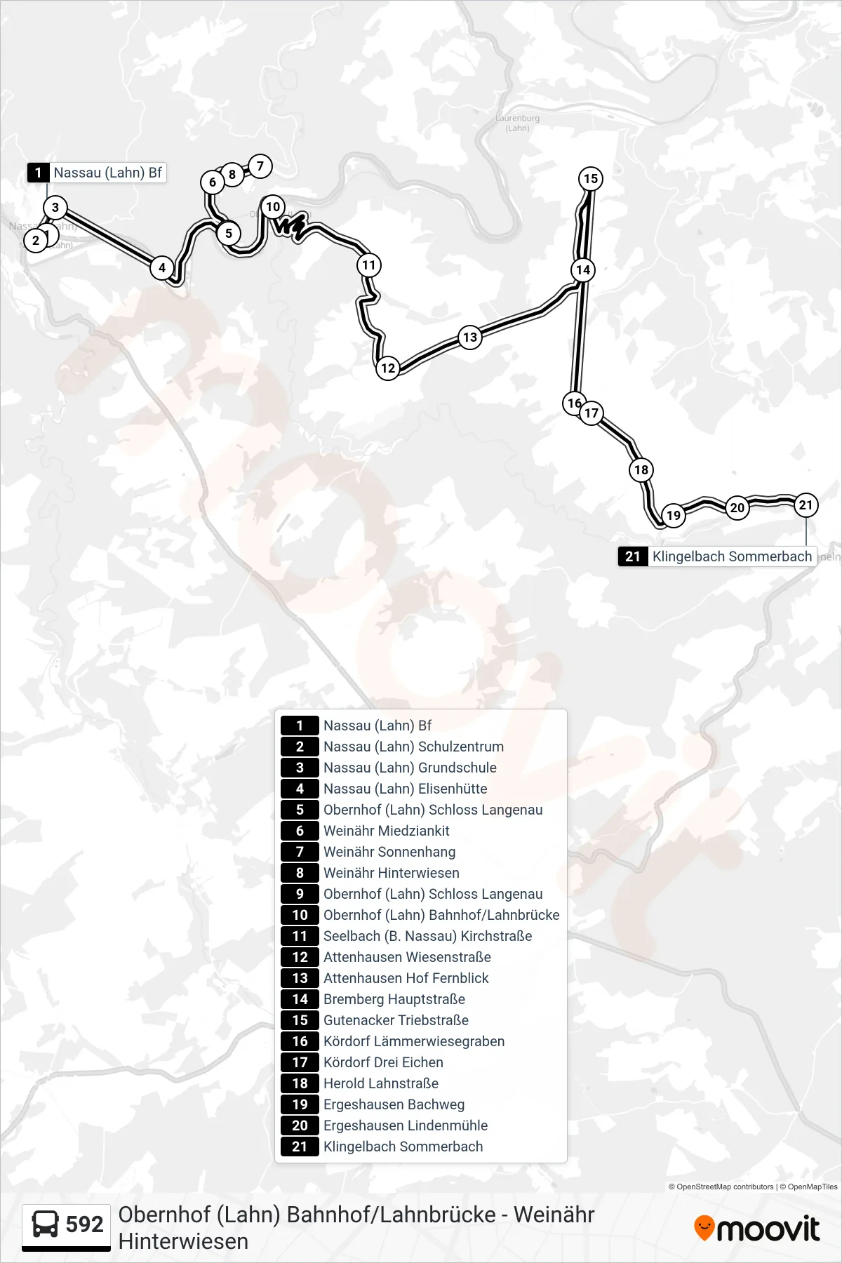 592 bus Line (Klingelbach Sommerbach) route and stops on a map
