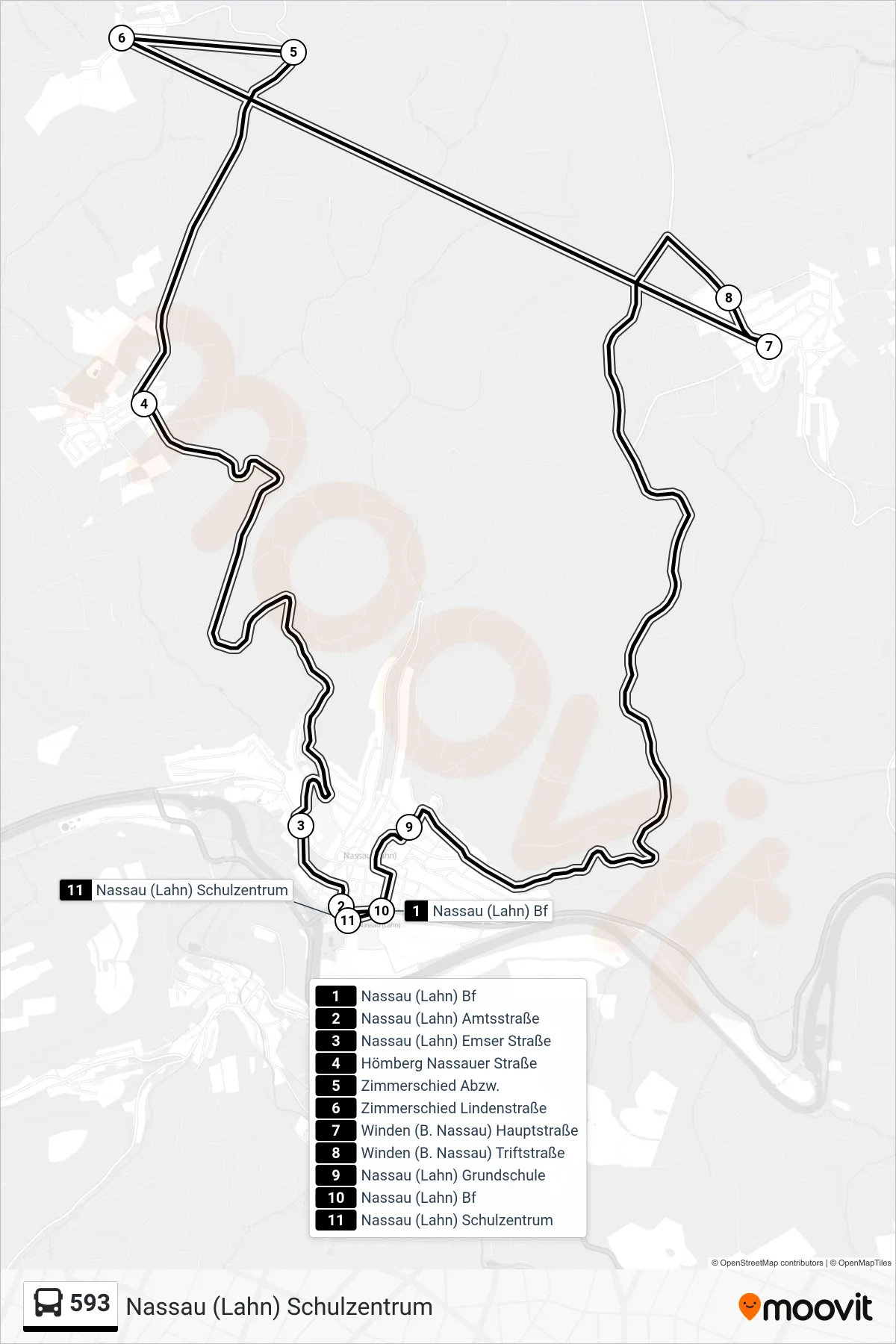 Linie 593 (Bus) Richtung Nassau (Lahn) Schulzentrum: Route und Haltestellen auf der Karte