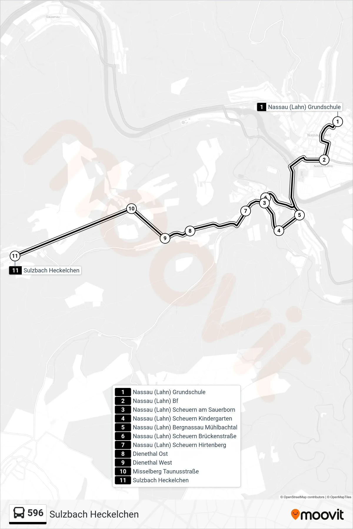 596 bus Line (Sulzbach Heckelchen) route and stops on a map