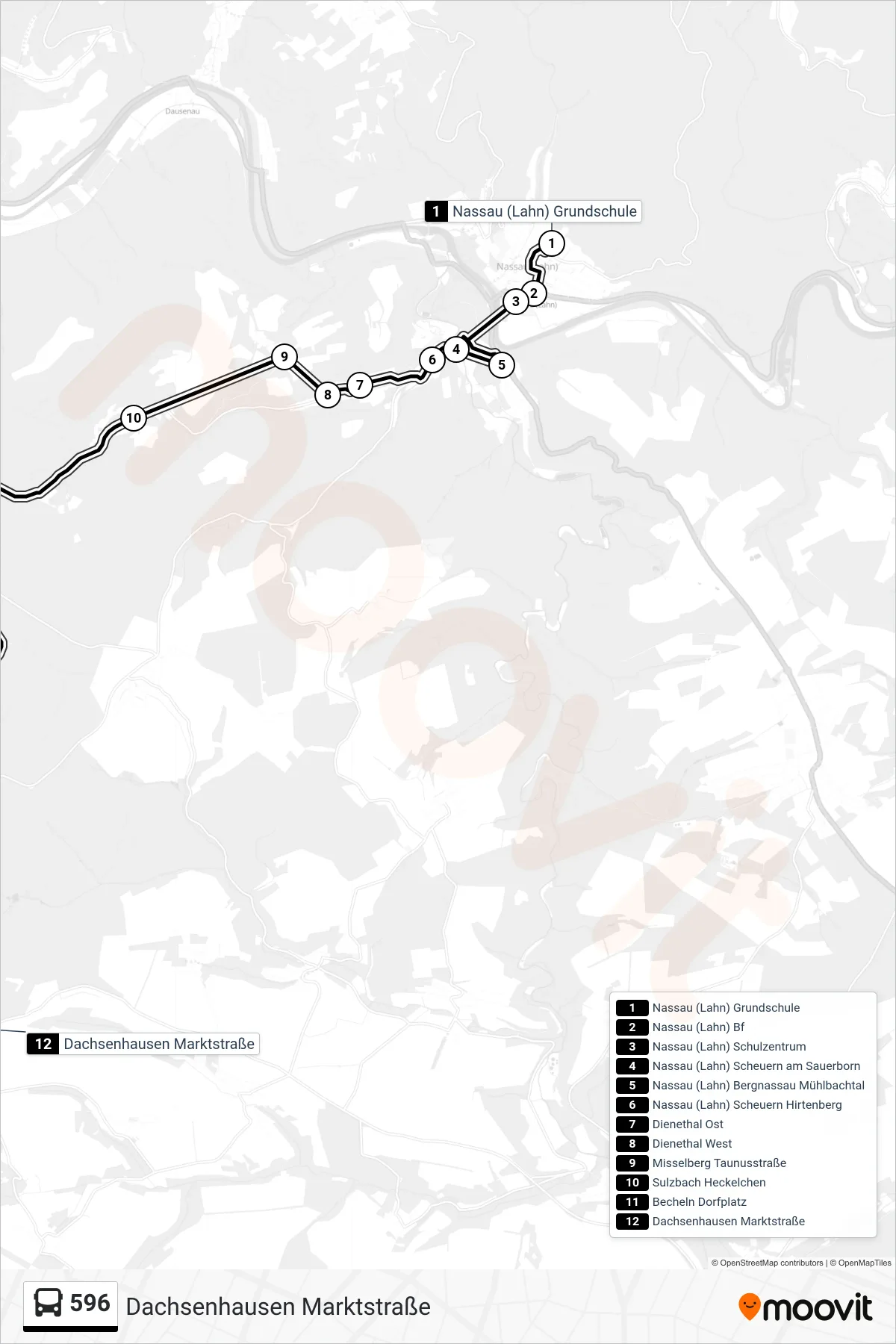 596 bus Line (Dachsenhausen Marktstraße) route and stops on a map