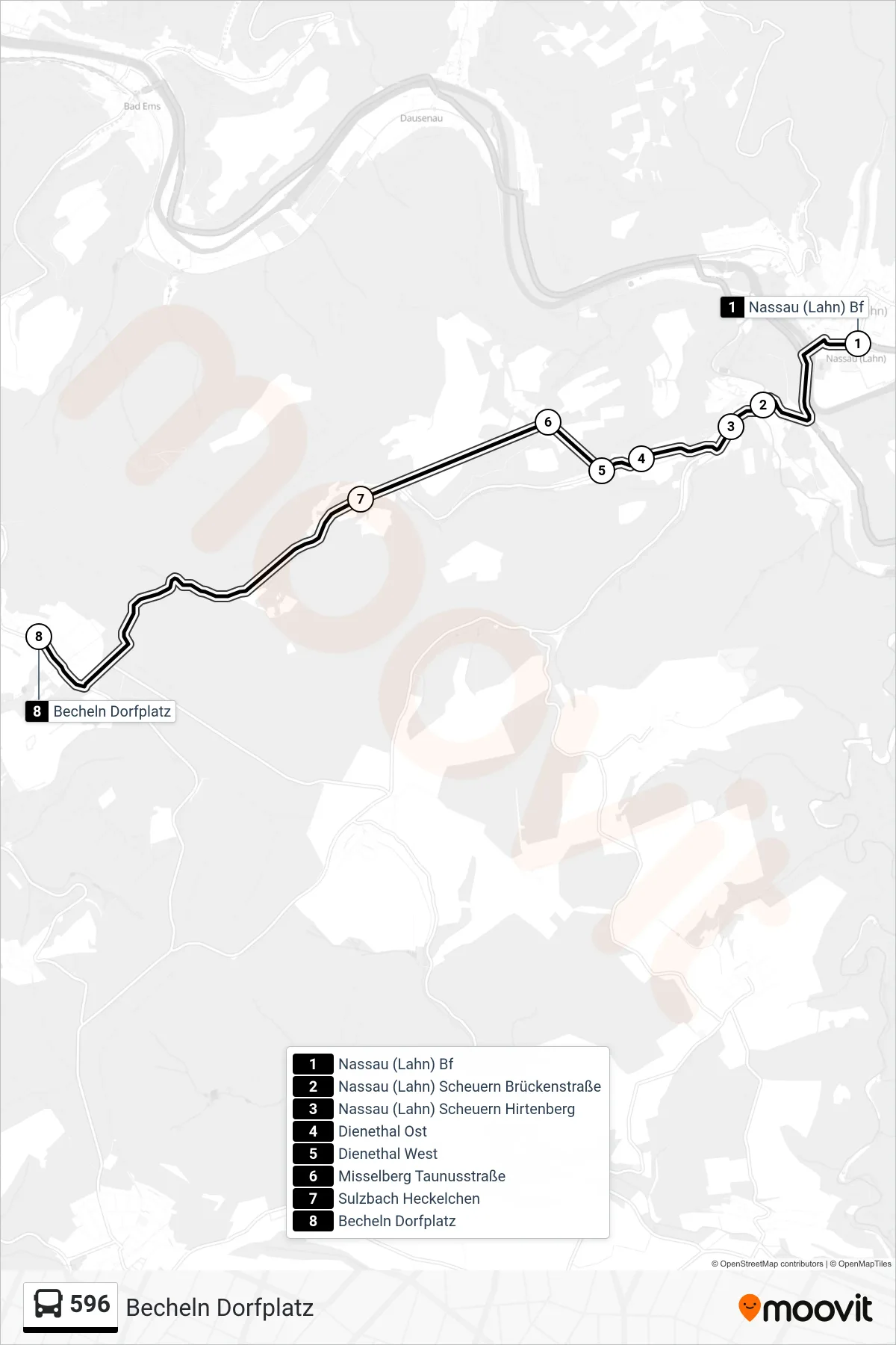 596 bus Line (Becheln Dorfplatz) route and stops on a map