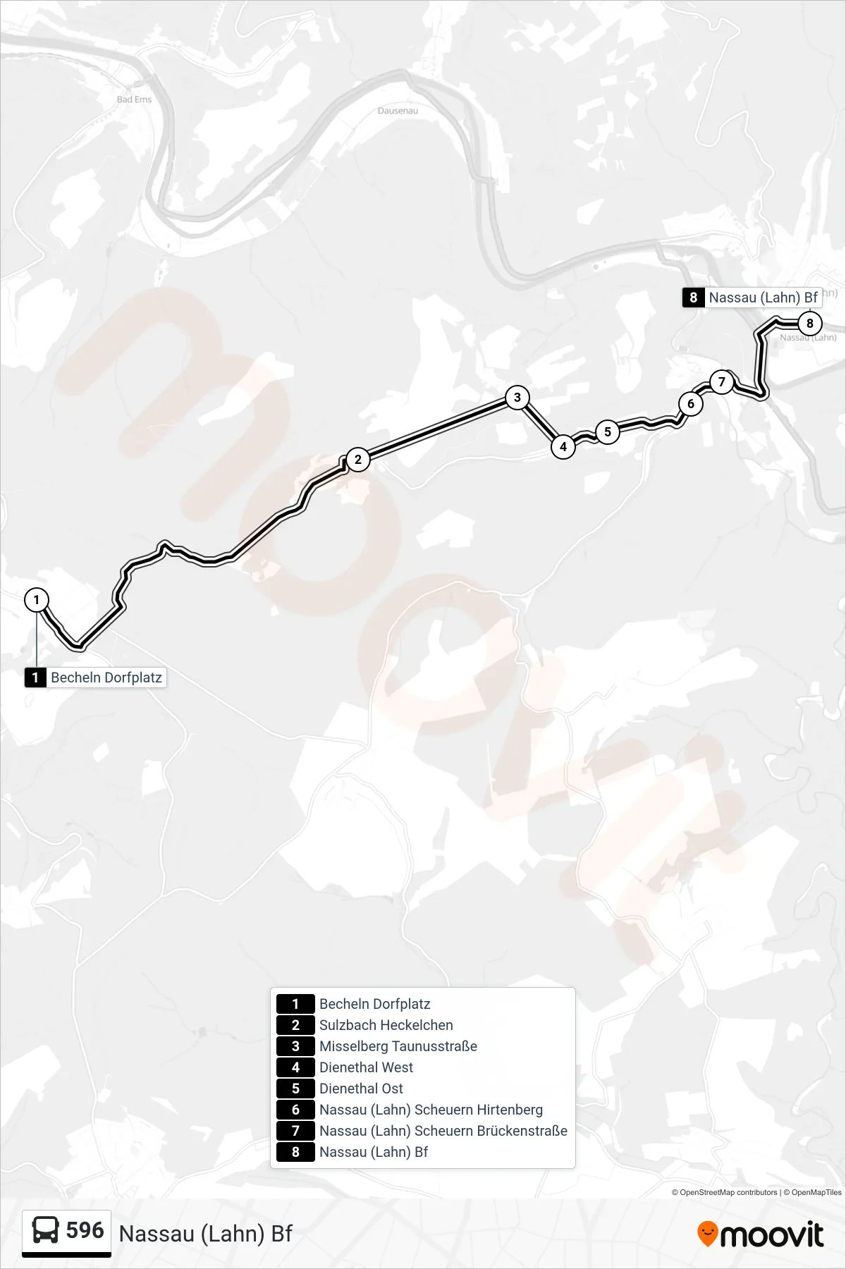 Linie 596 (Bus) Richtung Nassau (Lahn) Bf: Route und Haltestellen auf der Karte