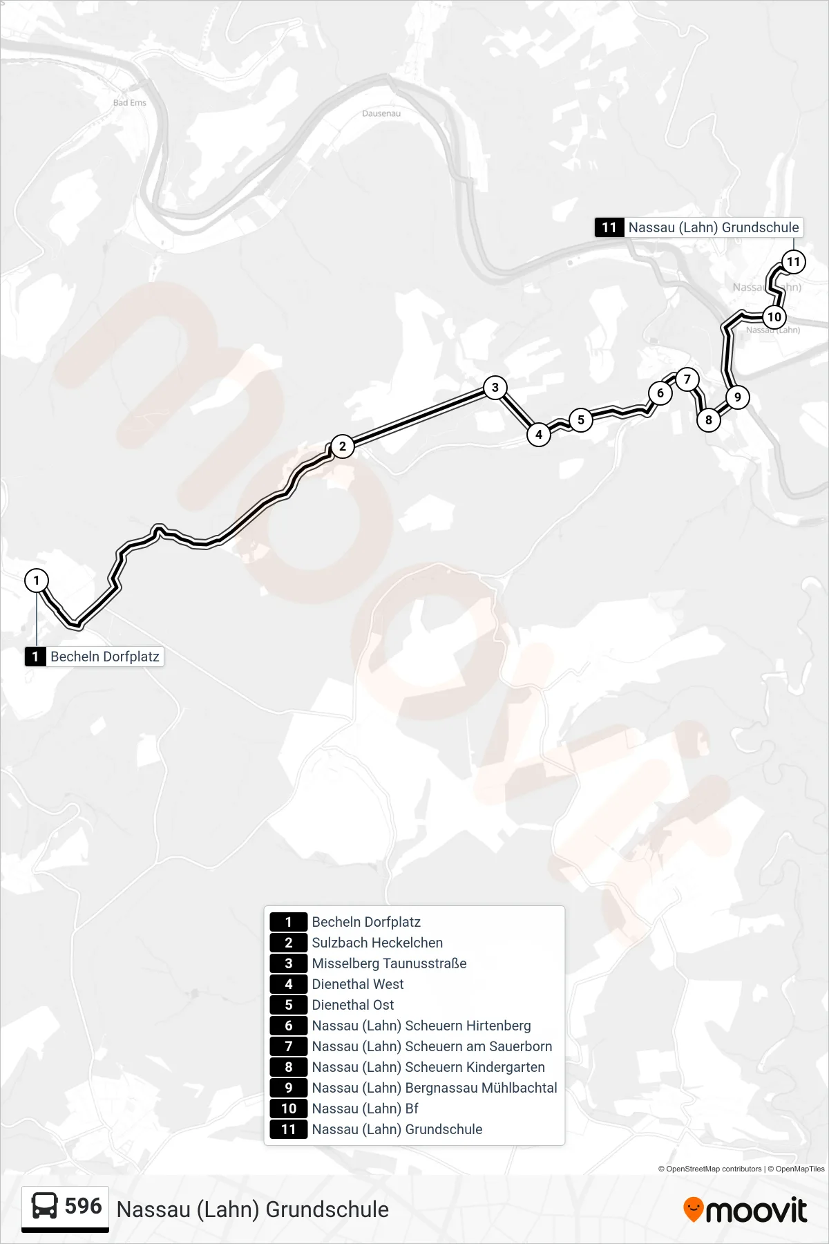 596 bus Line (Nassau (Lahn) Grundschule) route and stops on a map