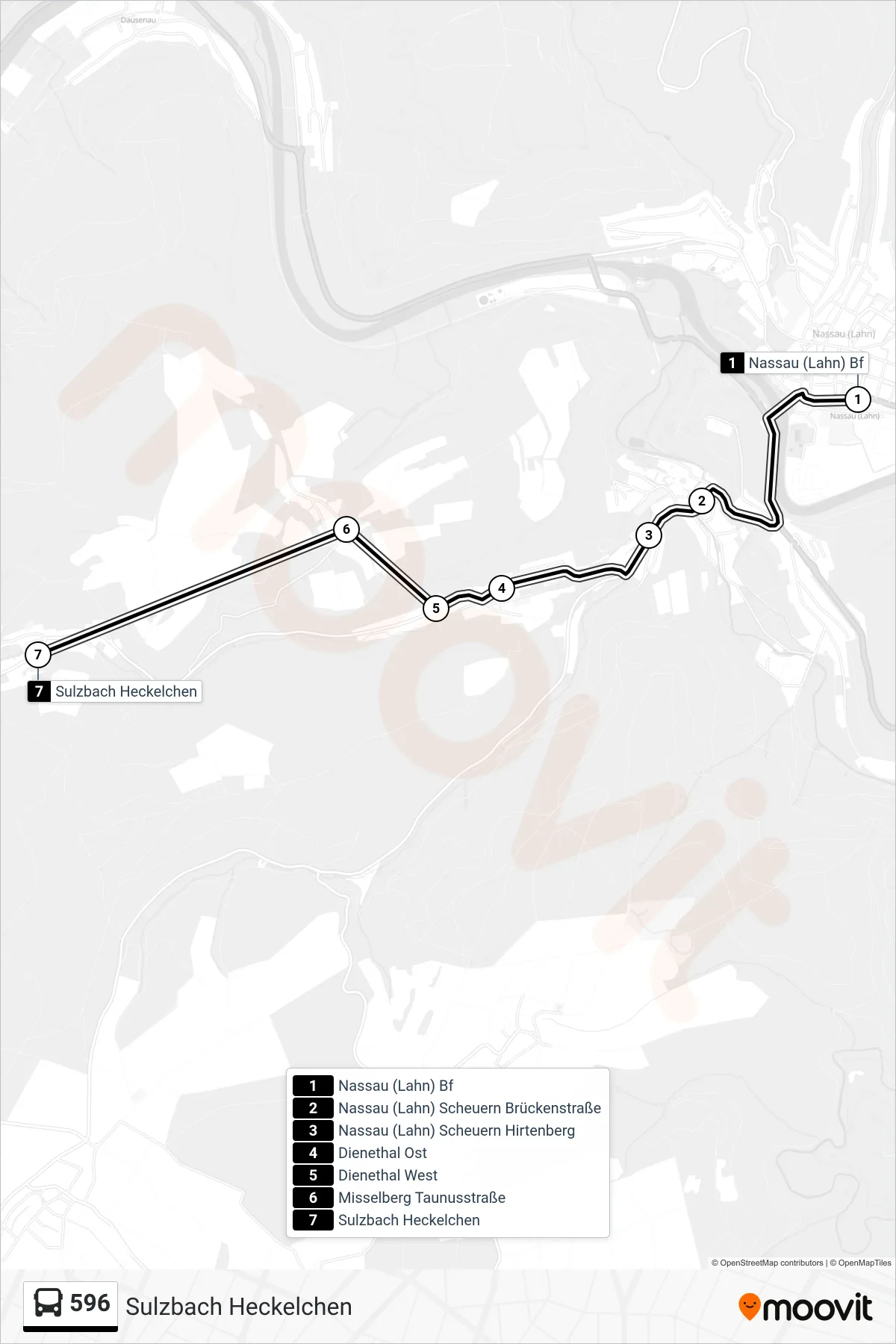 596 bus Line (Sulzbach Heckelchen) route and stops on a map