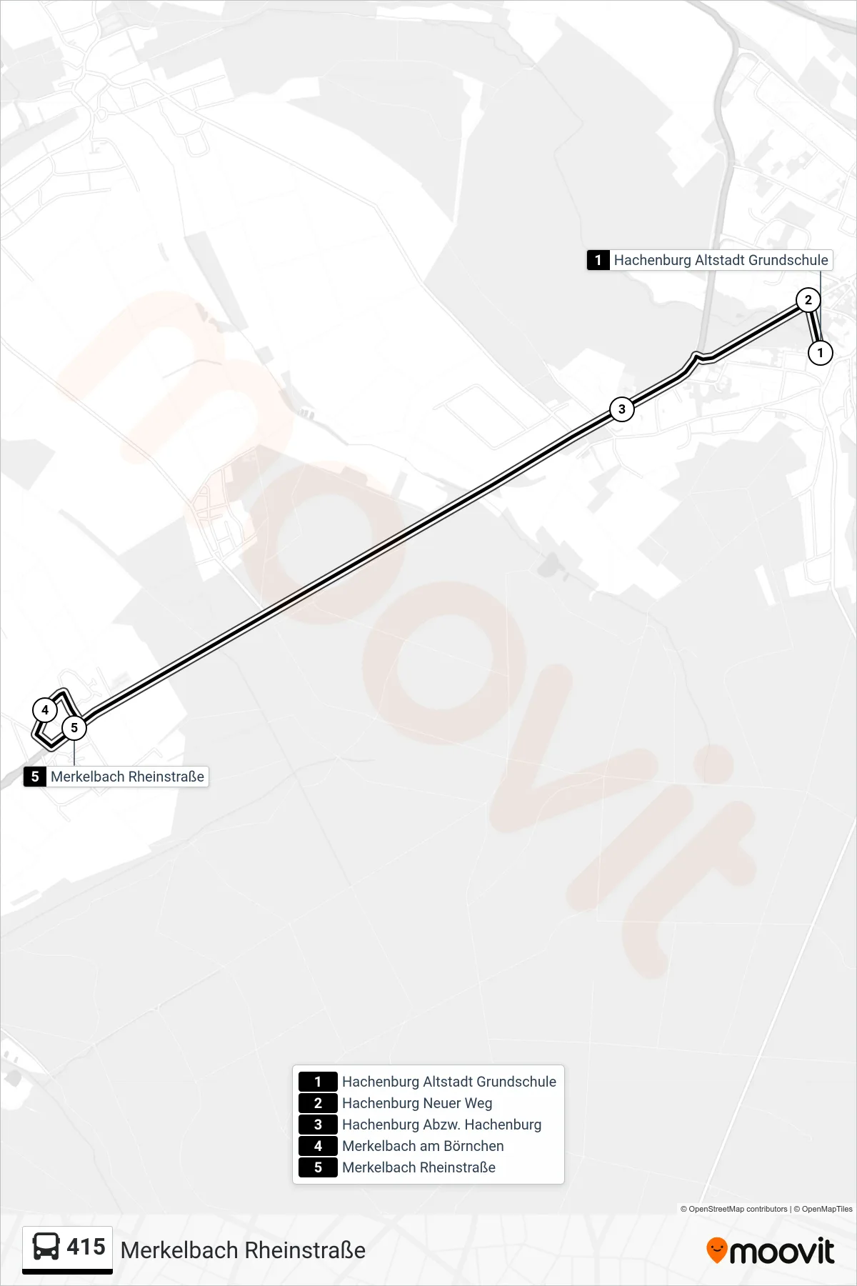 415 bus Line (Merkelbach Rheinstraße) route and stops on a map