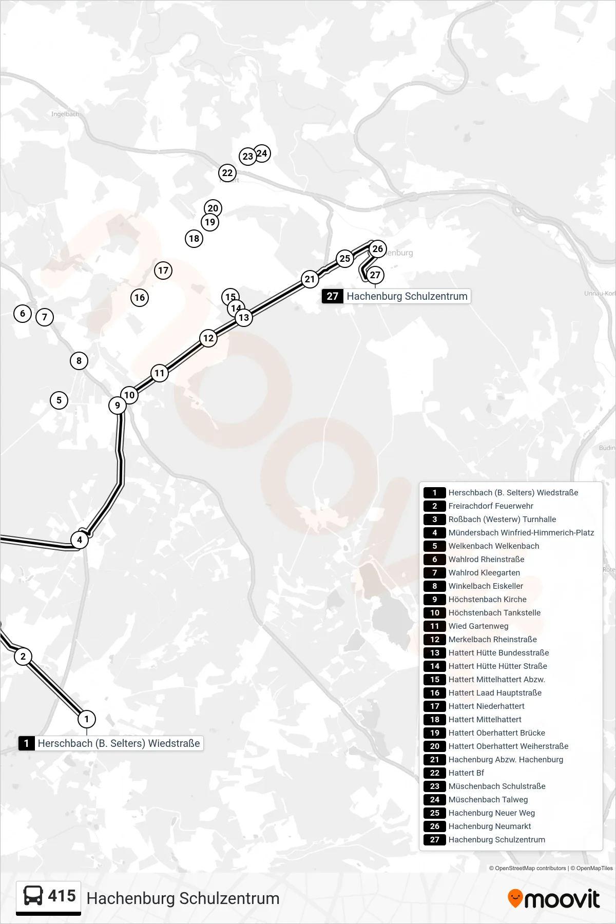 Linie 415 (Bus) Richtung Hachenburg Schulzentrum: Route und Haltestellen auf der Karte