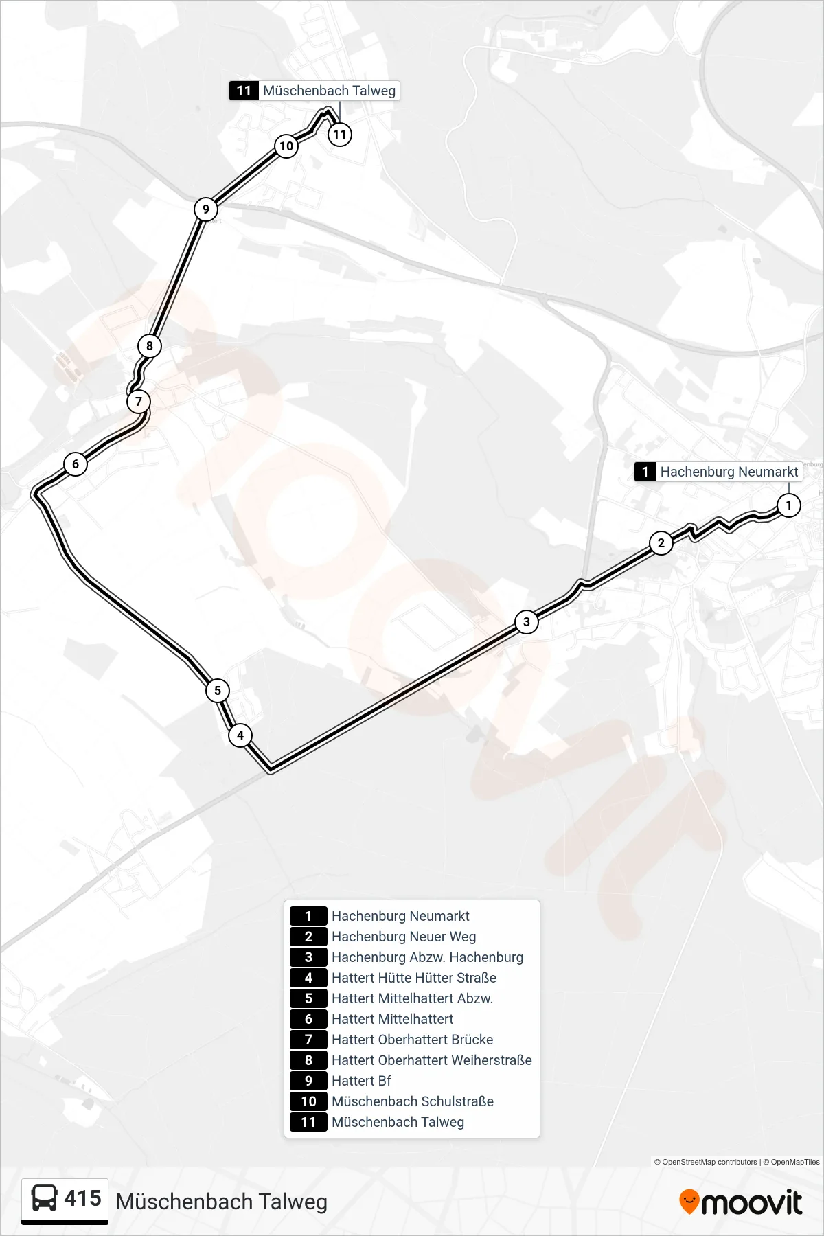 415 bus Line (Müschenbach Talweg) route and stops on a map