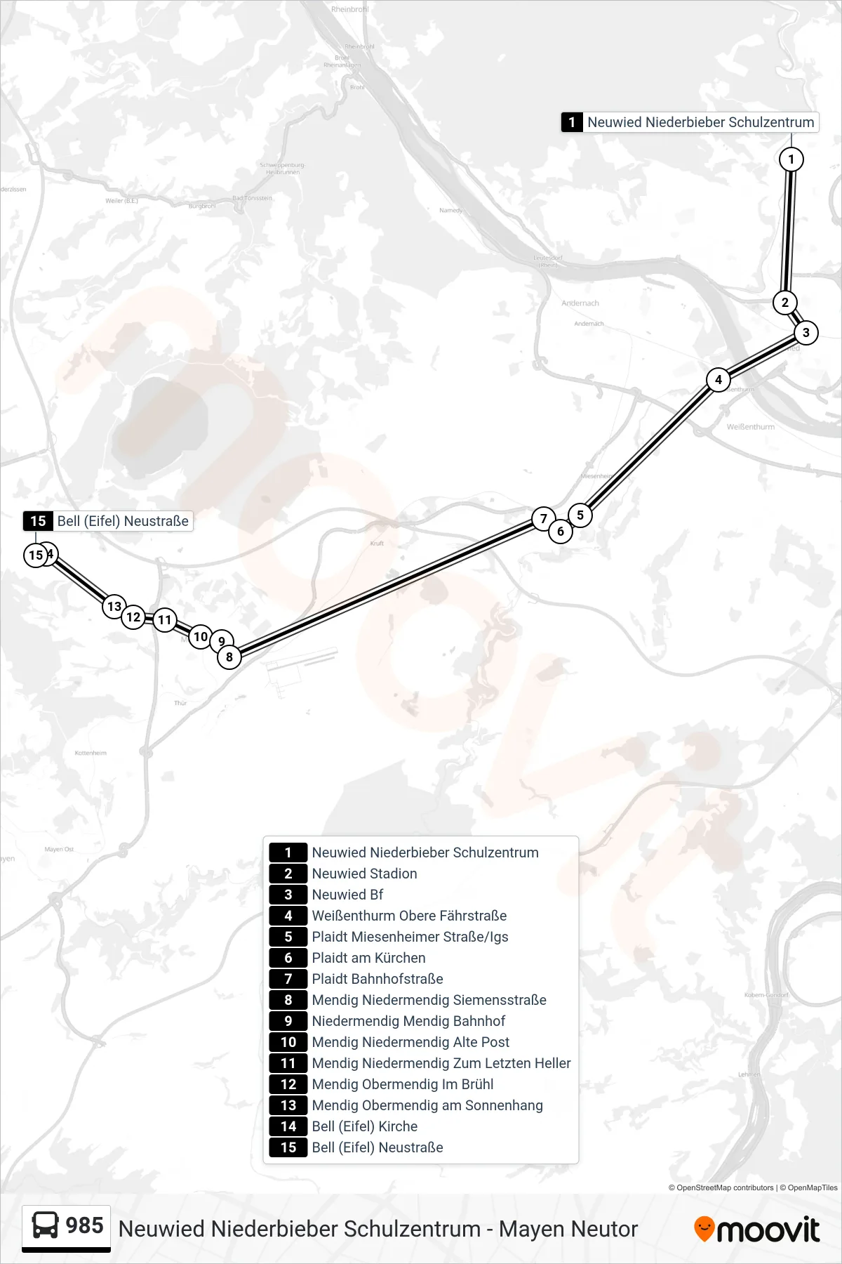 985 bus Line (Bell (Eifel) Neustraße) route and stops on a map
