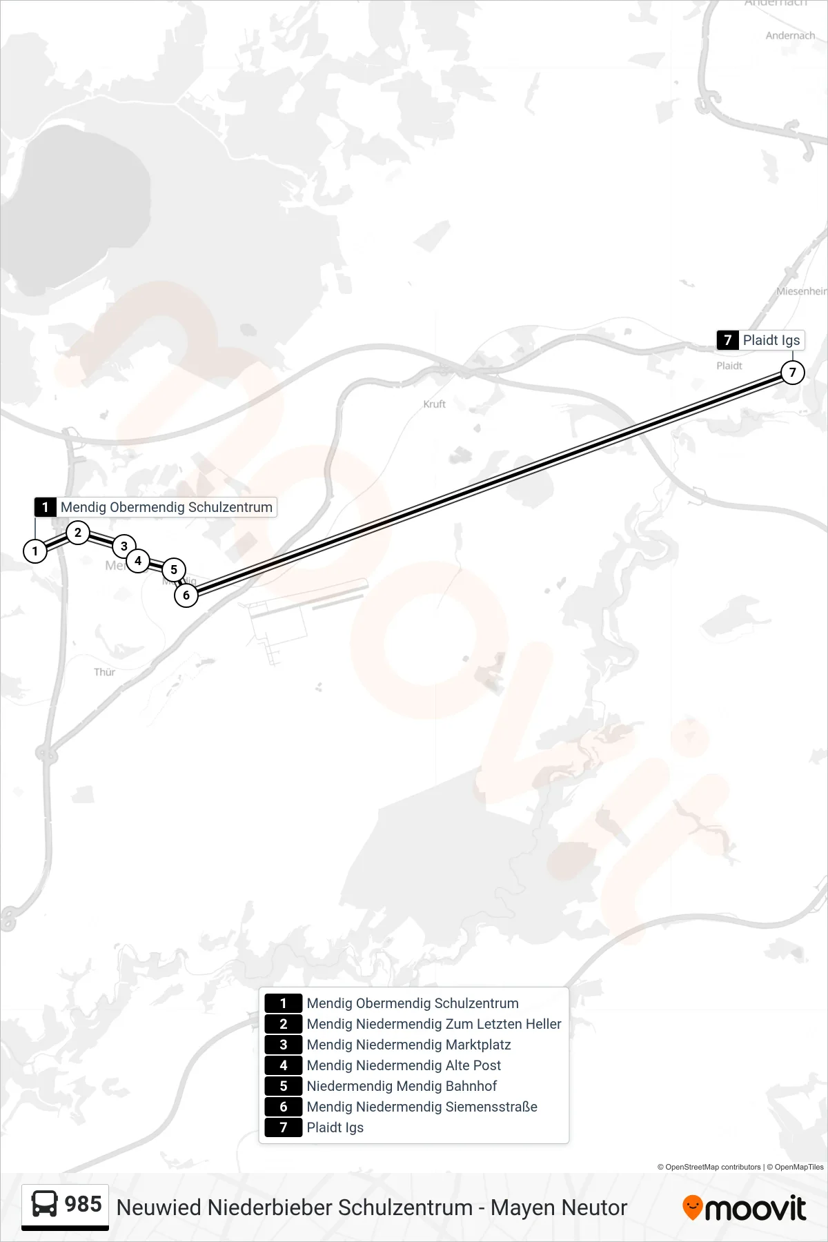 985 bus Line (Plaidt Igs) route and stops on a map