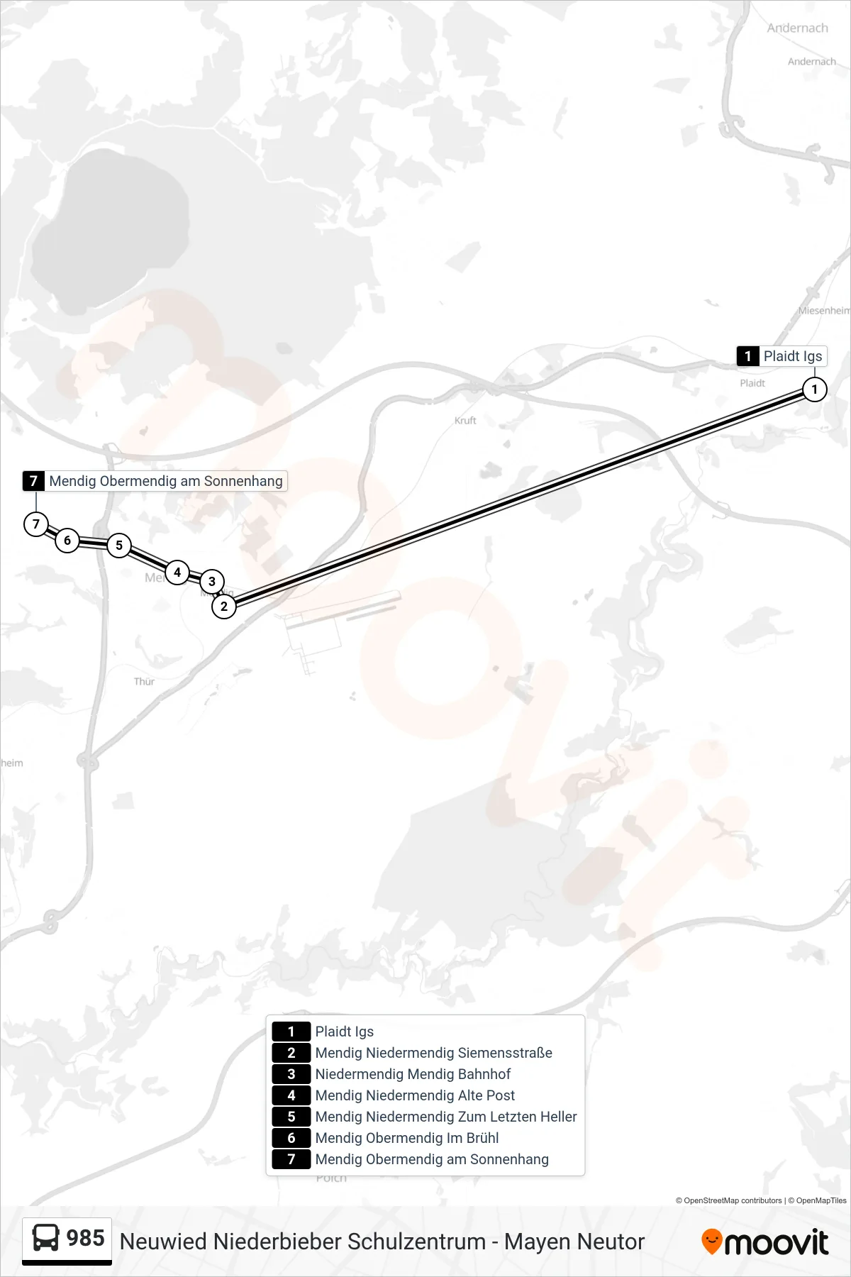 Linie 985 (Bus) Richtung Mendig Obermendig am Sonnenhang: Route und Haltestellen auf der Karte
