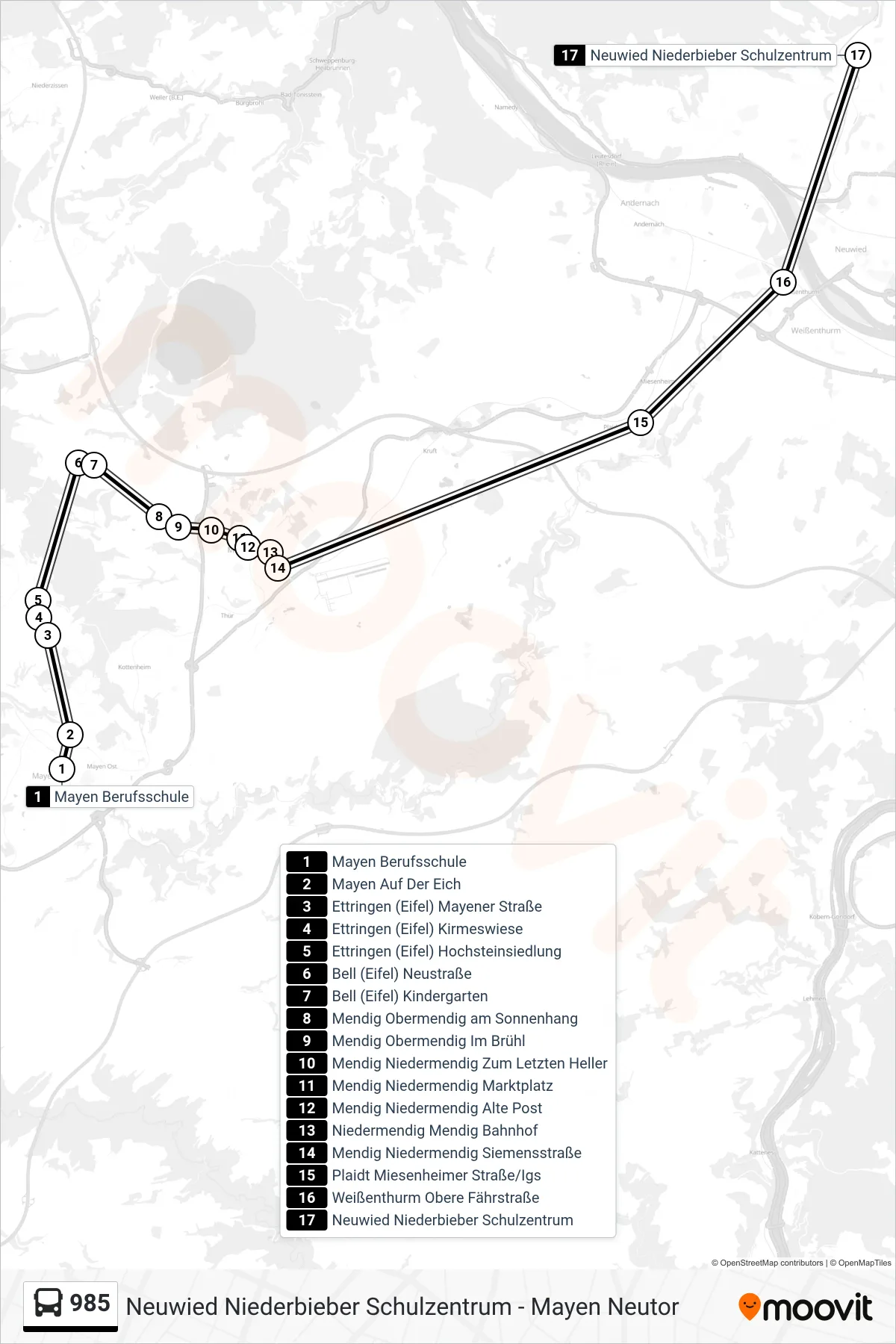 985 bus Line (Neuwied Niederbieber Schulzentrum) route and stops on a map