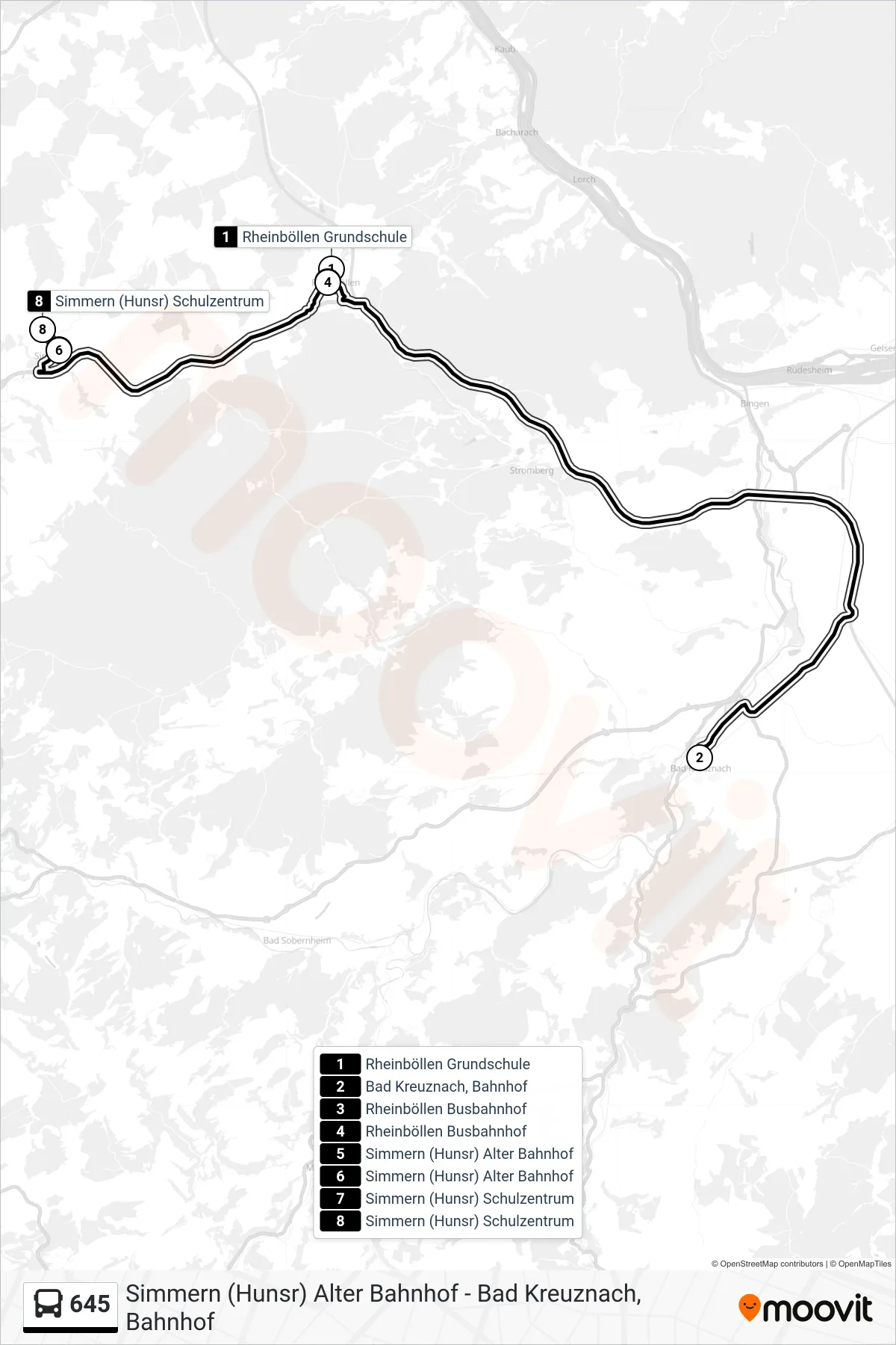 Linie 645 (Bus) Richtung Simmern (Hunsr) Schulzentrum: Route und Haltestellen auf der Karte