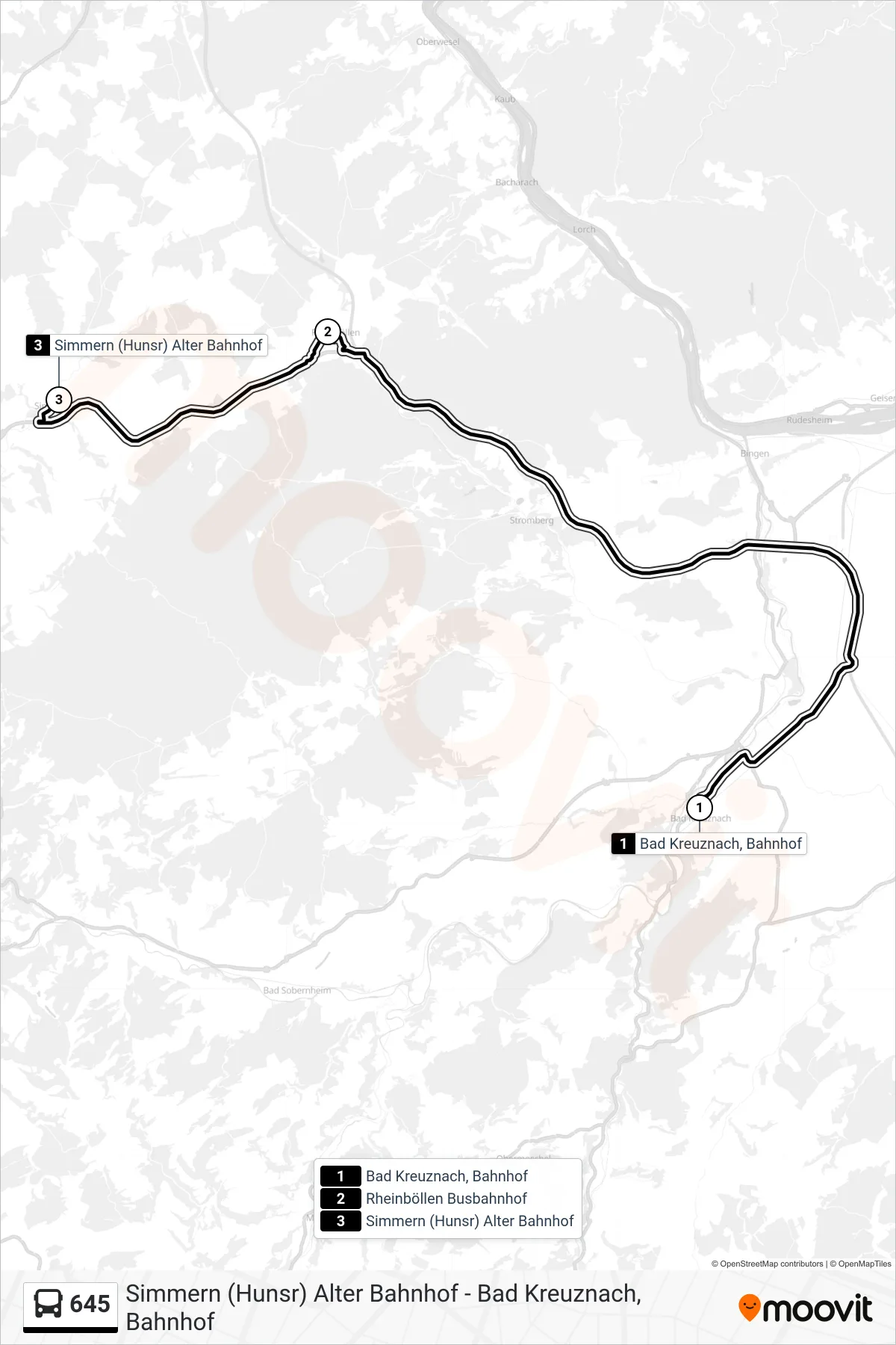 645 bus Line (Simmern (Hunsr) Alter Bahnhof) route and stops on a map