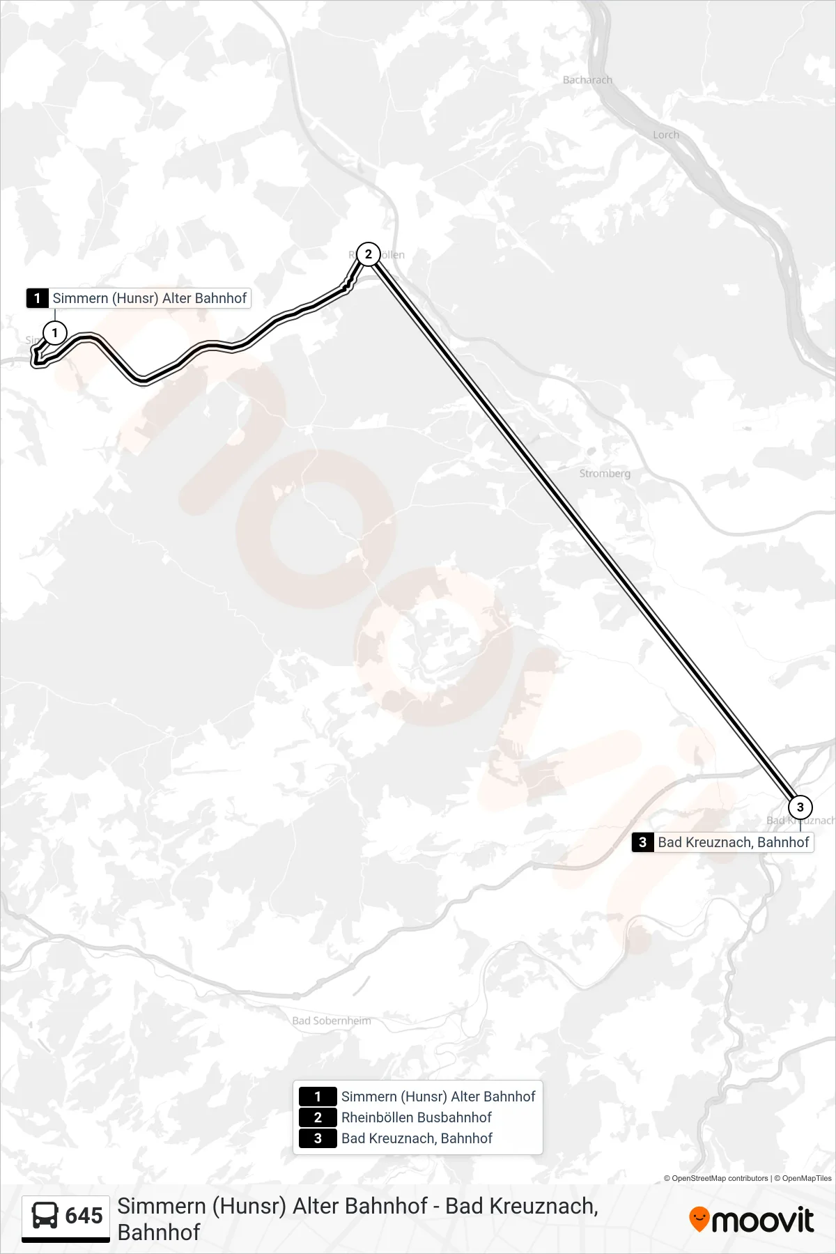 645 bus Line (Bad Kreuznach, Bahnhof) route and stops on a map