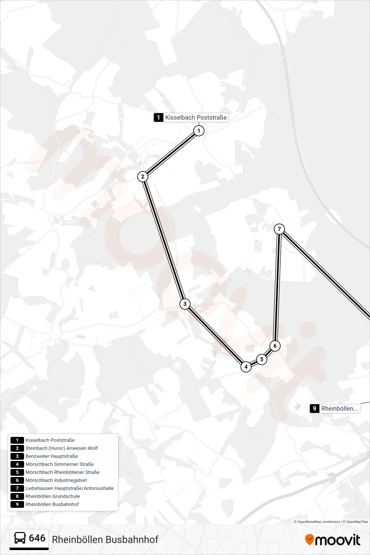 646 bus Line (Rheinböllen Busbahnhof) route and stops on a map