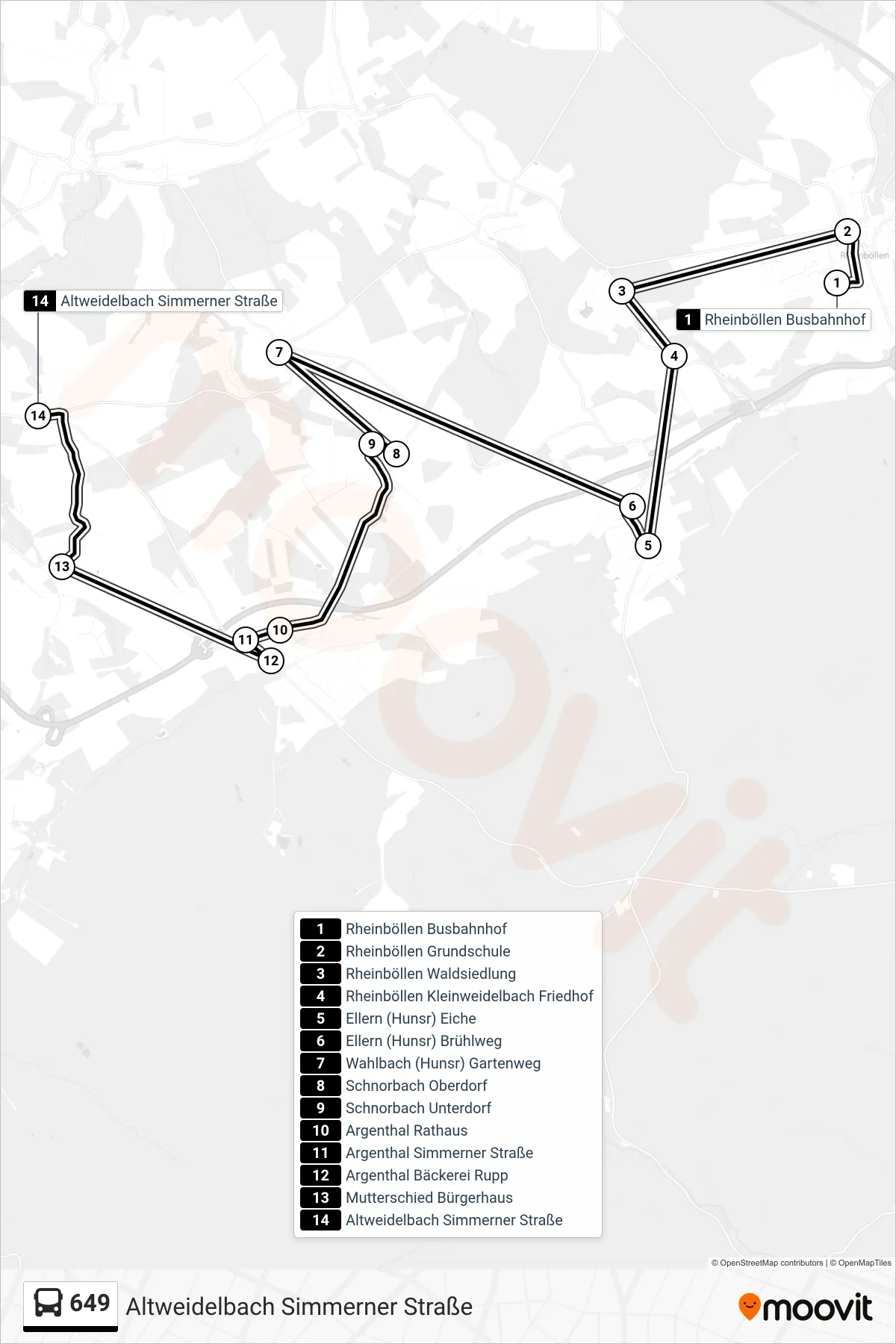649 bus Line (Altweidelbach Simmerner Straße) route and stops on a map