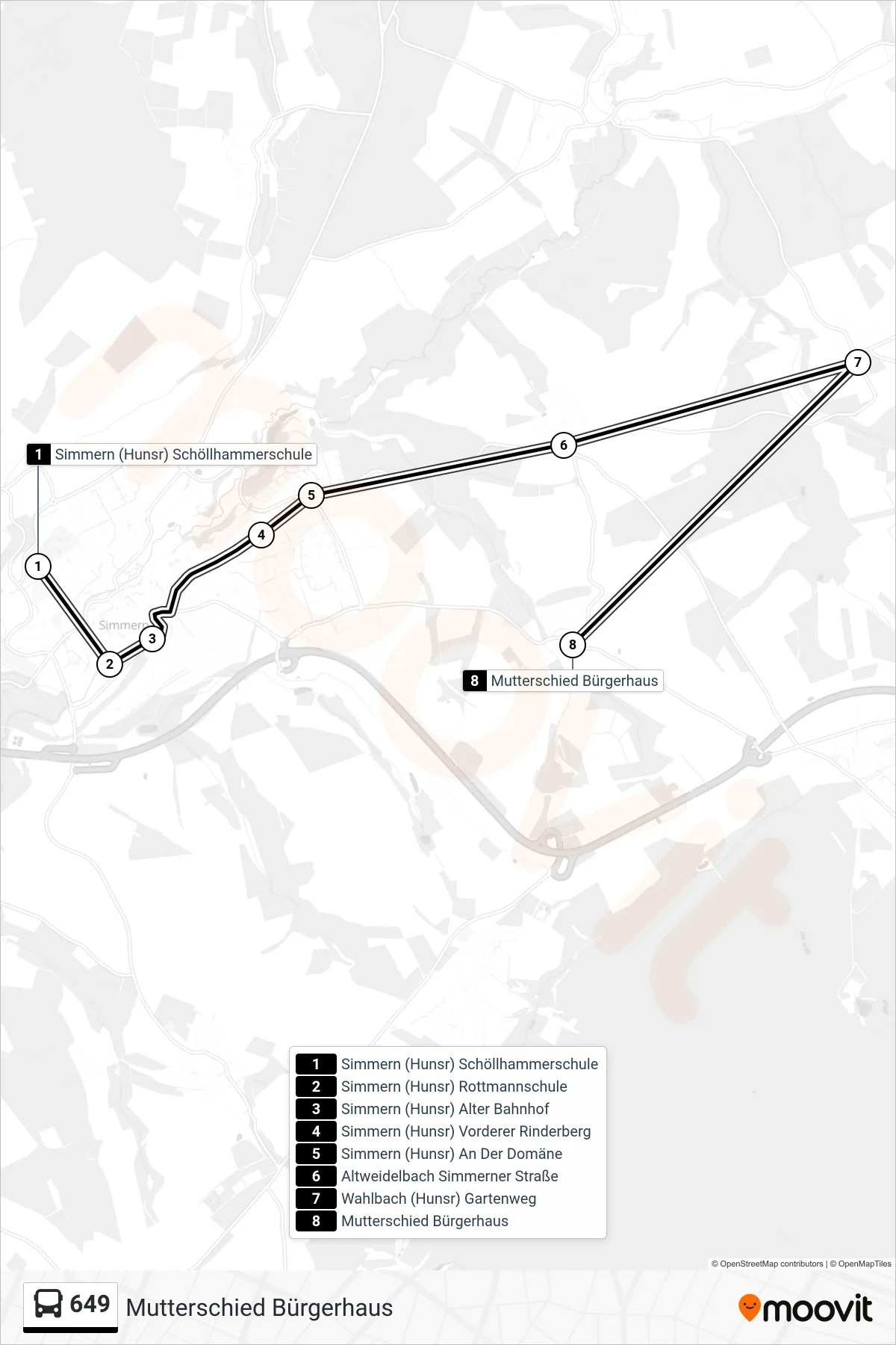 649 bus Line (Mutterschied Bürgerhaus) route and stops on a map