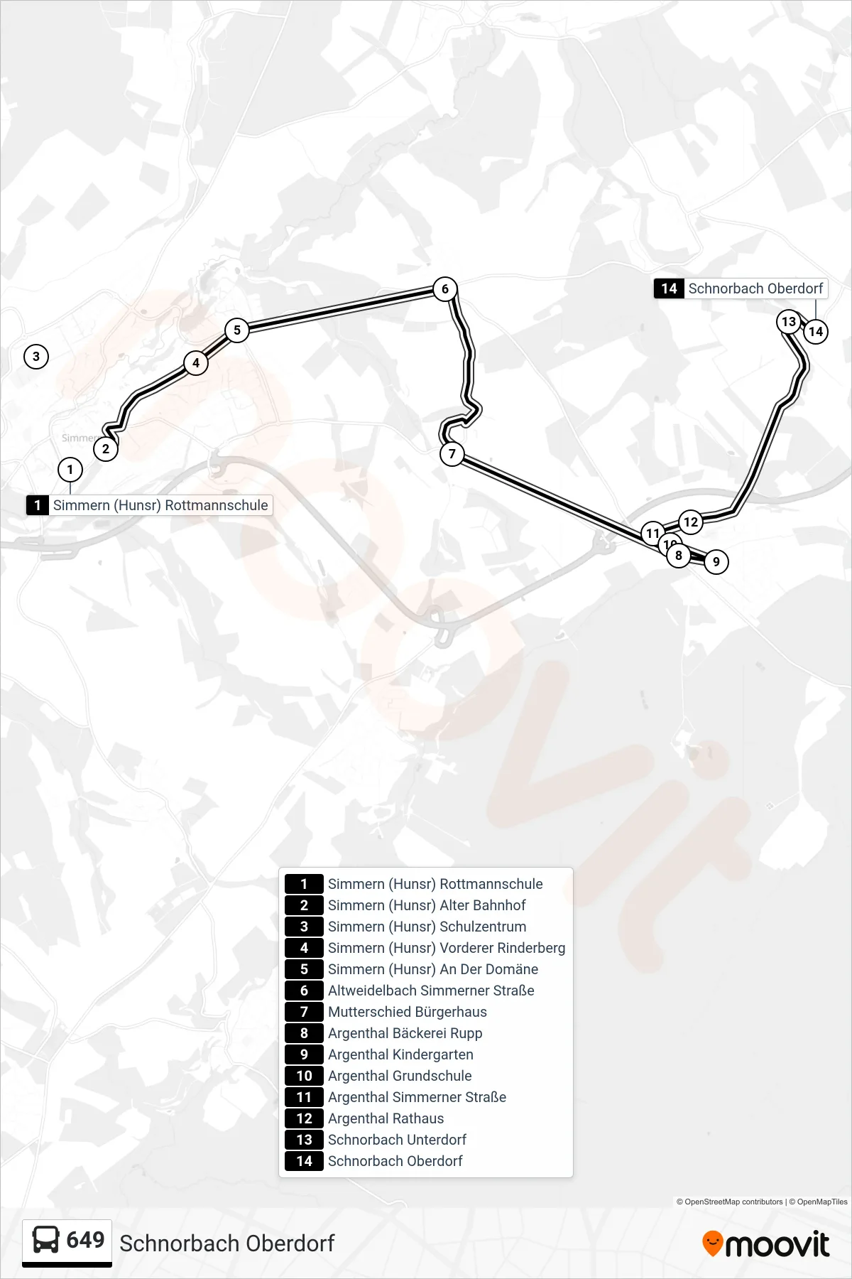 649 bus Line (Schnorbach Oberdorf) route and stops on a map