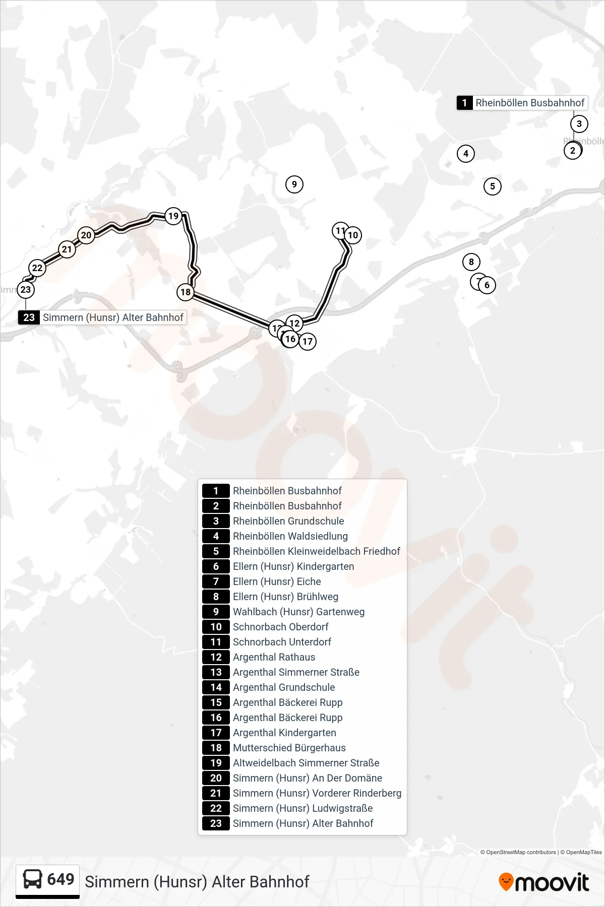 649 bus Line (Simmern (Hunsr) Alter Bahnhof) route and stops on a map