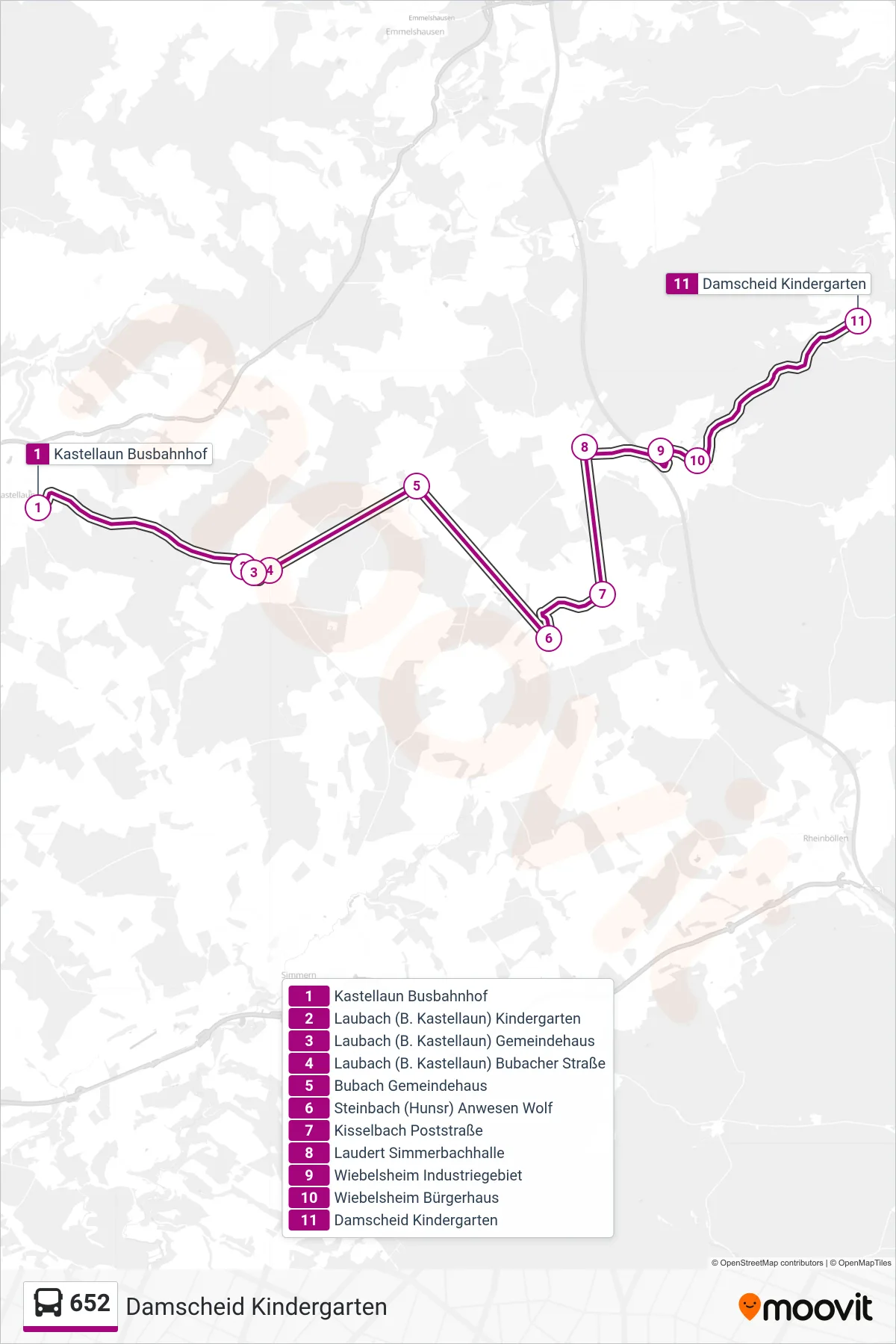 652 bus Line (Damscheid Kindergarten) route and stops on a map