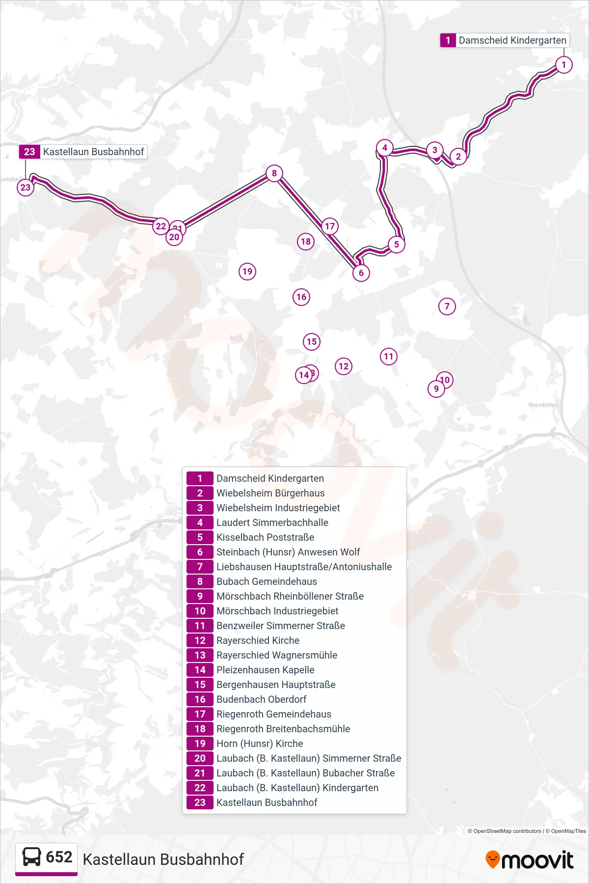 652 bus Line (Kastellaun Busbahnhof) route and stops on a map