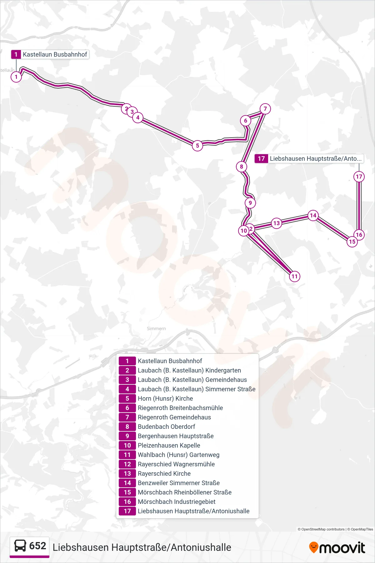 Linie 652 (Bus) Richtung Liebshausen Hauptstraße/Antoniushalle: Route und Haltestellen auf der Karte
