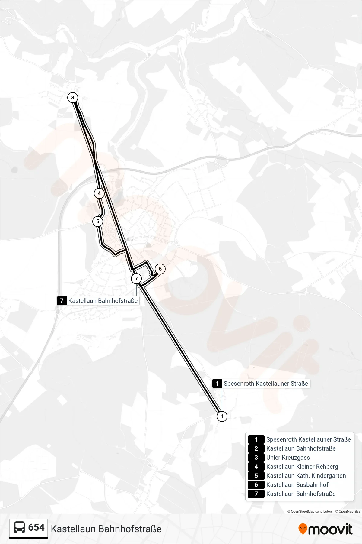 654 bus Line (Kastellaun Bahnhofstraße) route and stops on a map