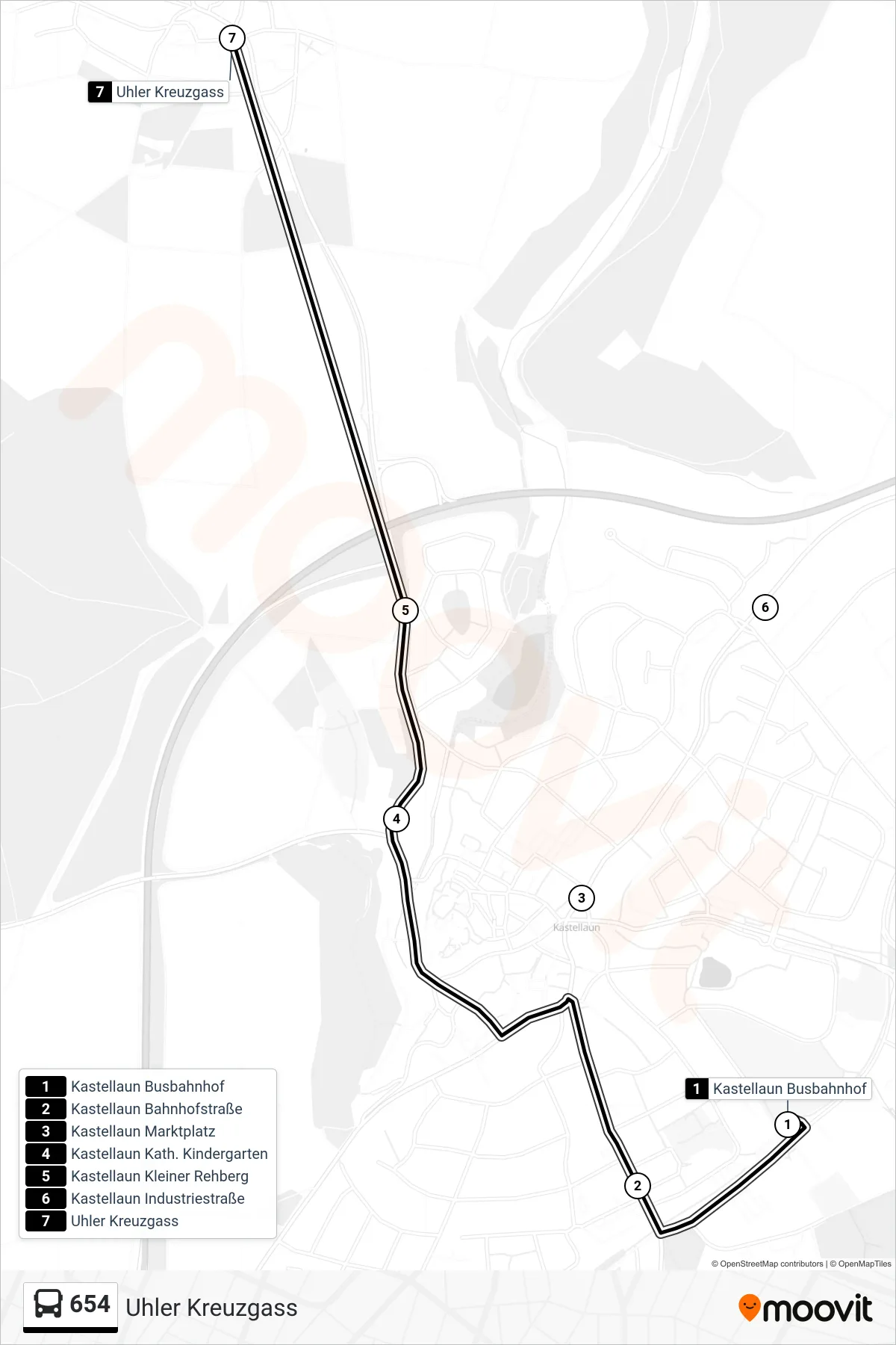 654 bus Line (Uhler Kreuzgass) route and stops on a map