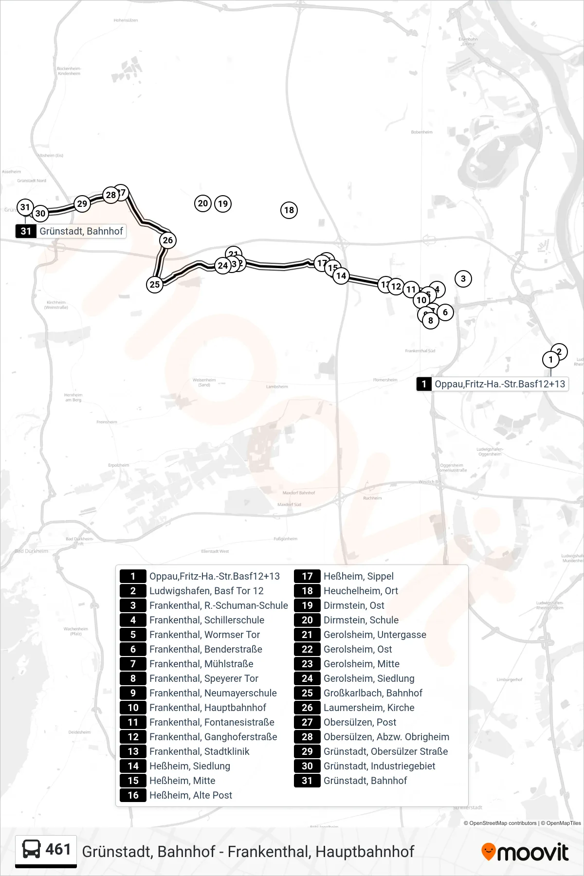 461 bus Line (Grünstadt, Bahnhof) route and stops on a map