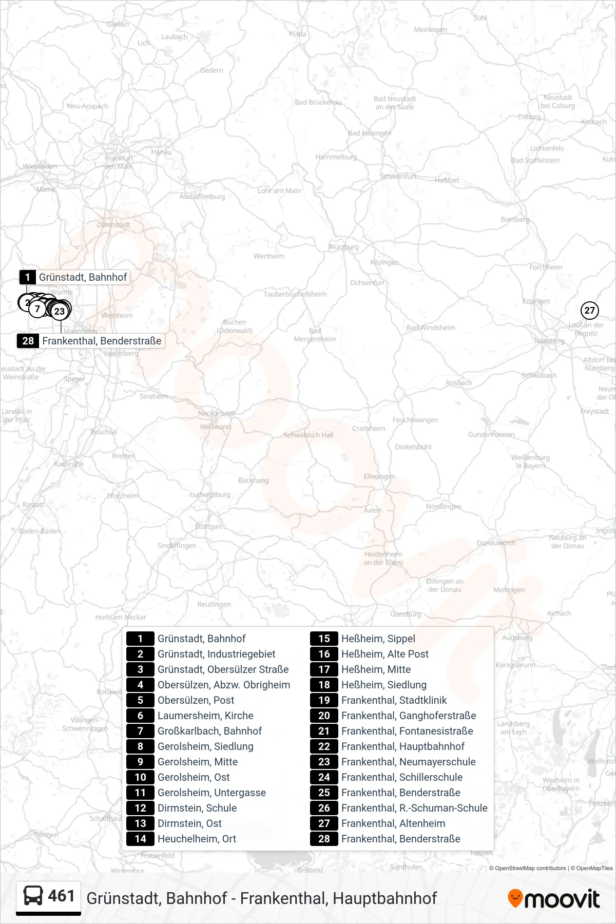 461 bus Line (Frankenthal, Benderstraße) route and stops on a map