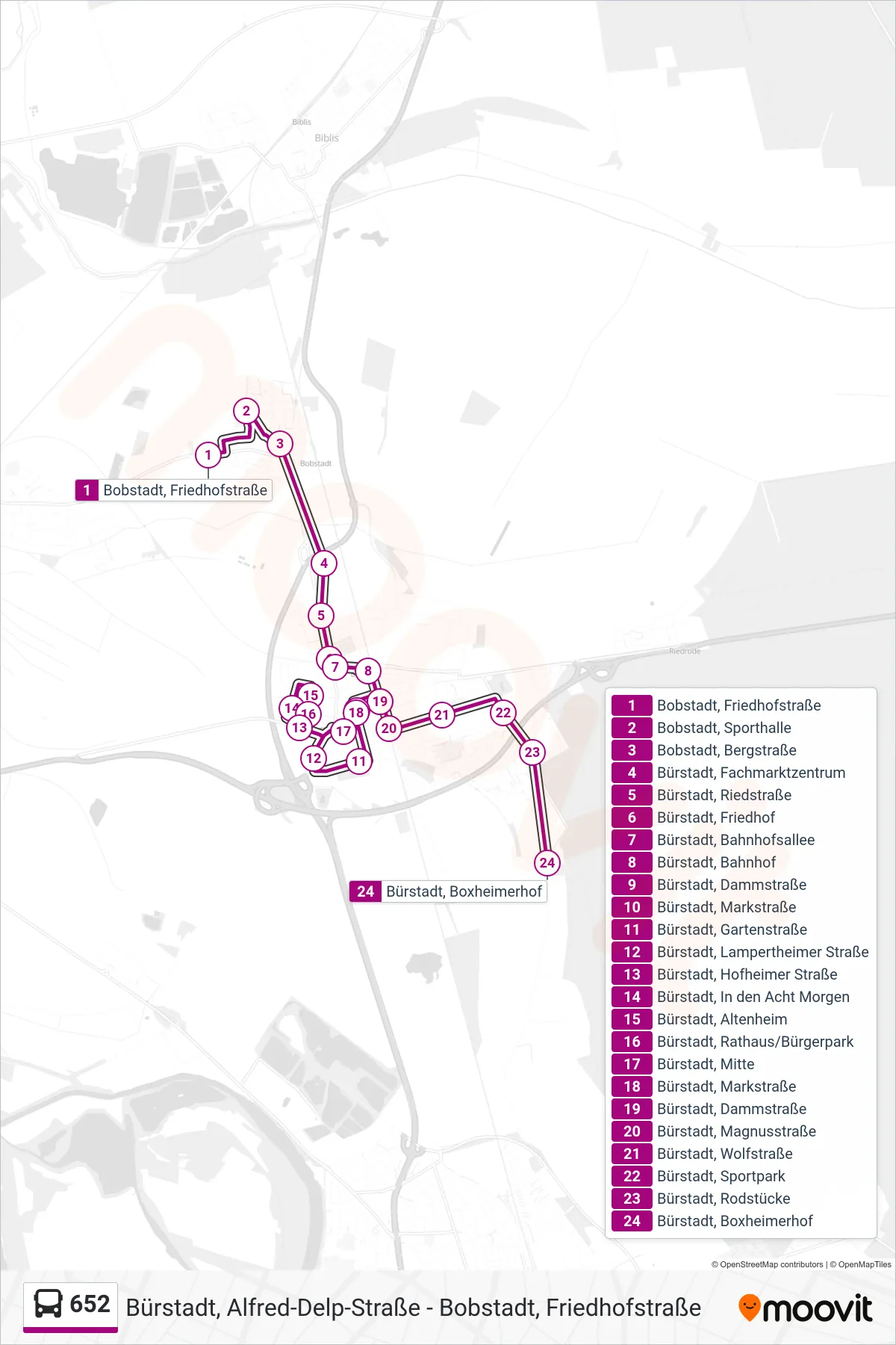 652 bus Line (Bürstadt, Boxheimerhof) route and stops on a map