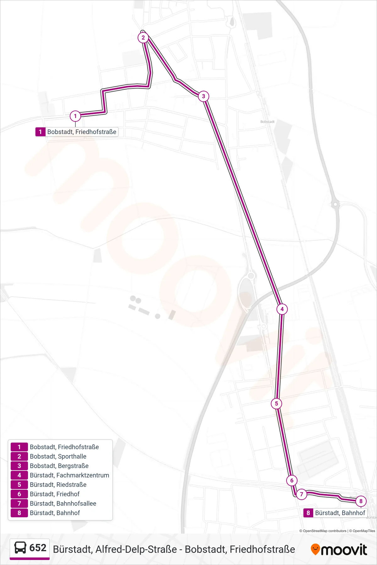 Linie 652 (Bus) Richtung Bürstadt, Bahnhof: Route und Haltestellen auf der Karte