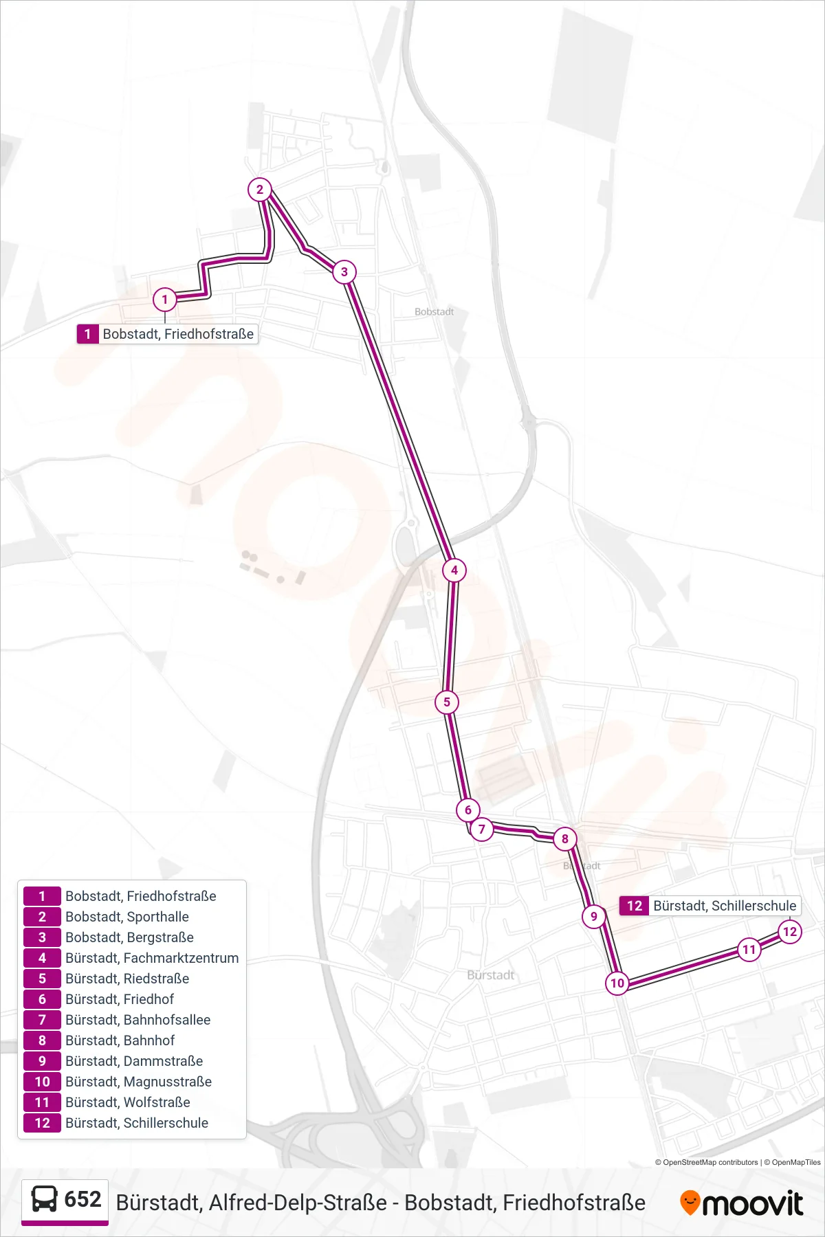 652 bus Line (Bürstadt, Schillerschule) route and stops on a map