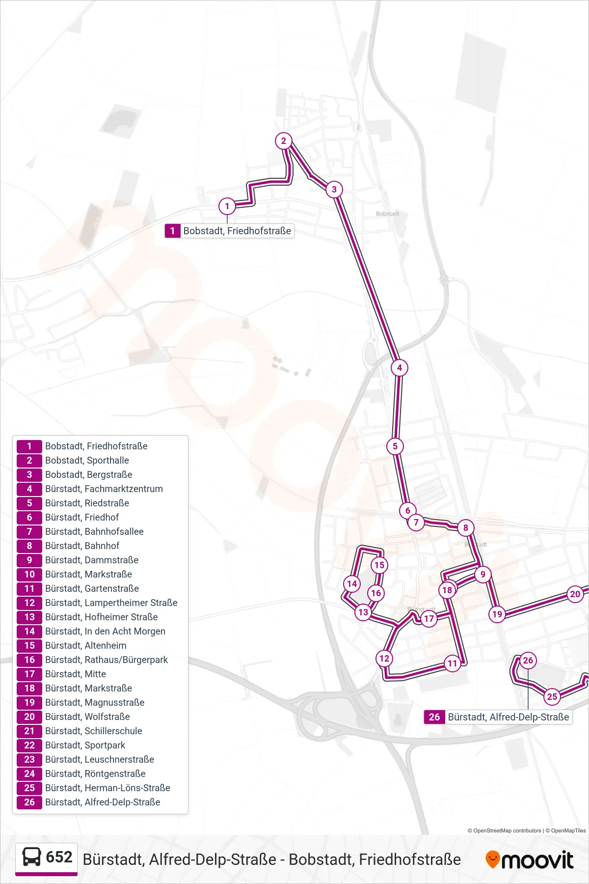 652 bus Line (Bürstadt, Alfred-Delp-Straße) route and stops on a map