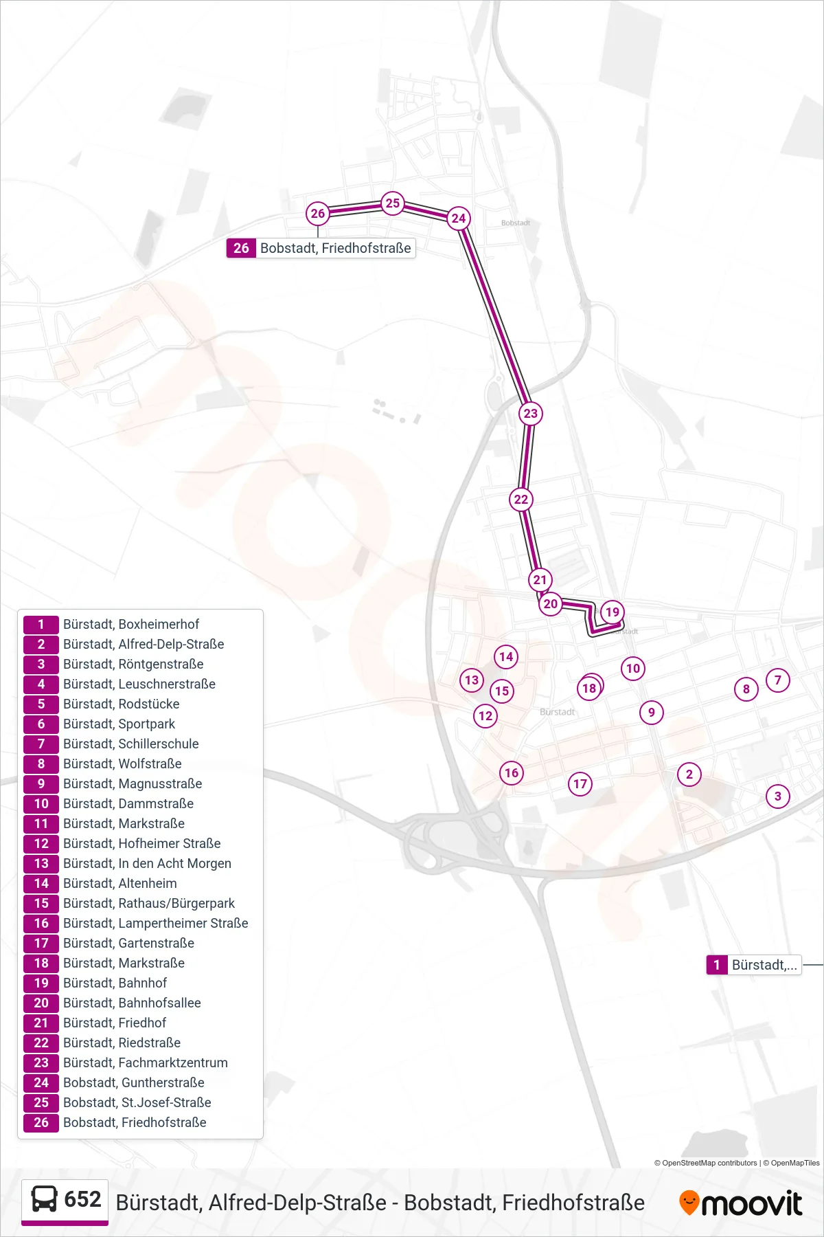 652 bus Line (Bobstadt, Friedhofstraße) route and stops on a map