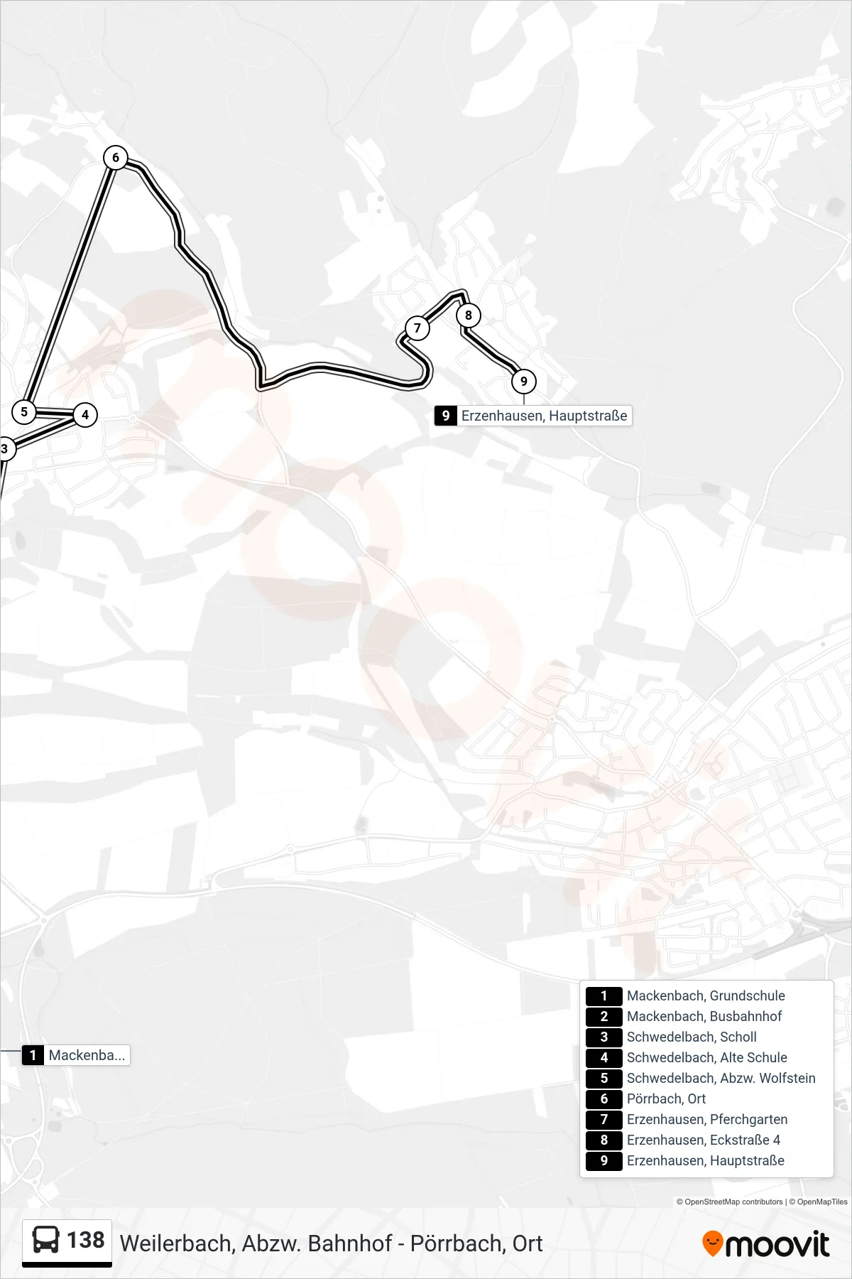138 bus Line (Erzenhausen, Hauptstraße) route and stops on a map