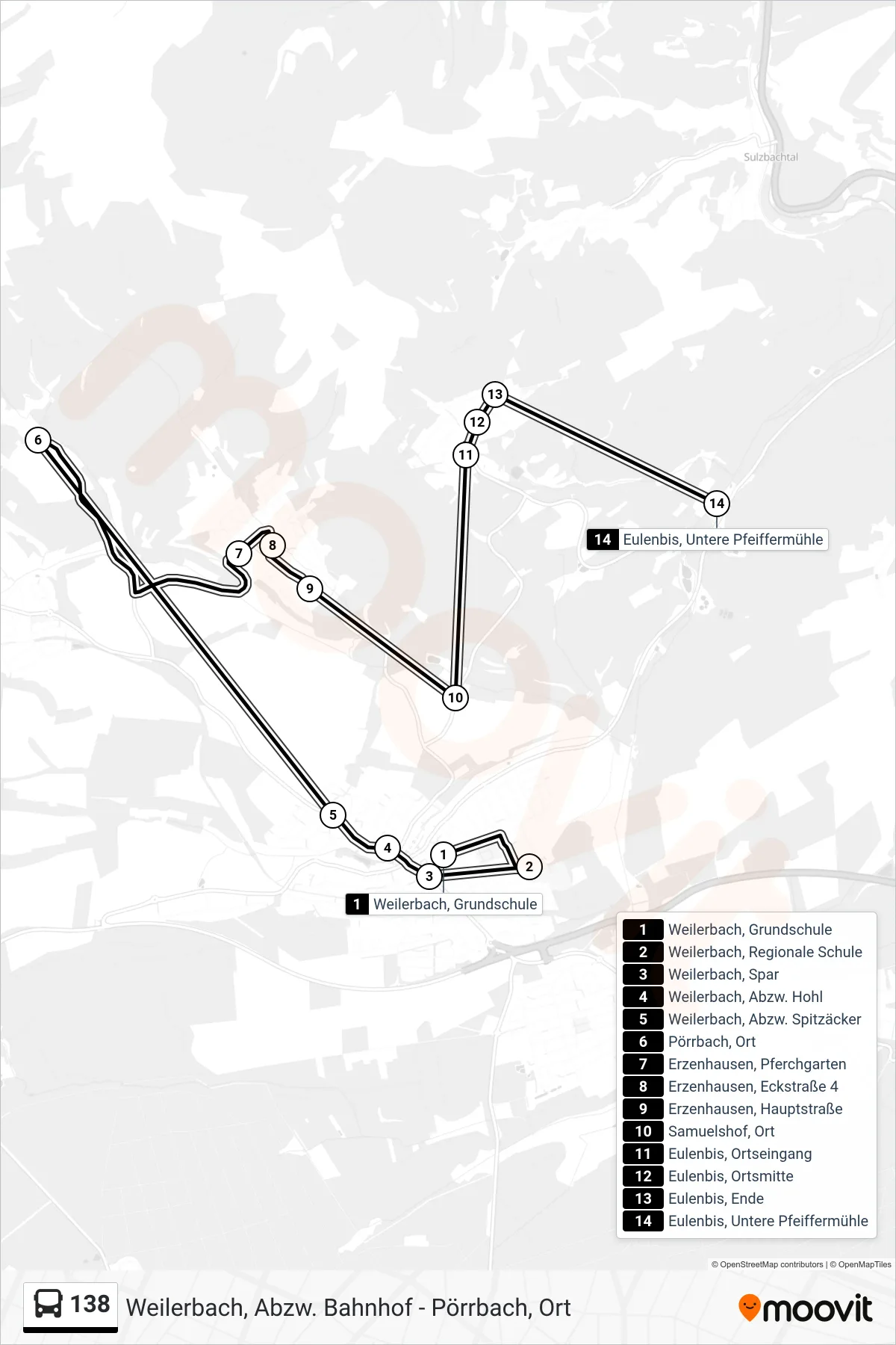 138 bus Line (Eulenbis, Untere Pfeiffermühle) route and stops on a map