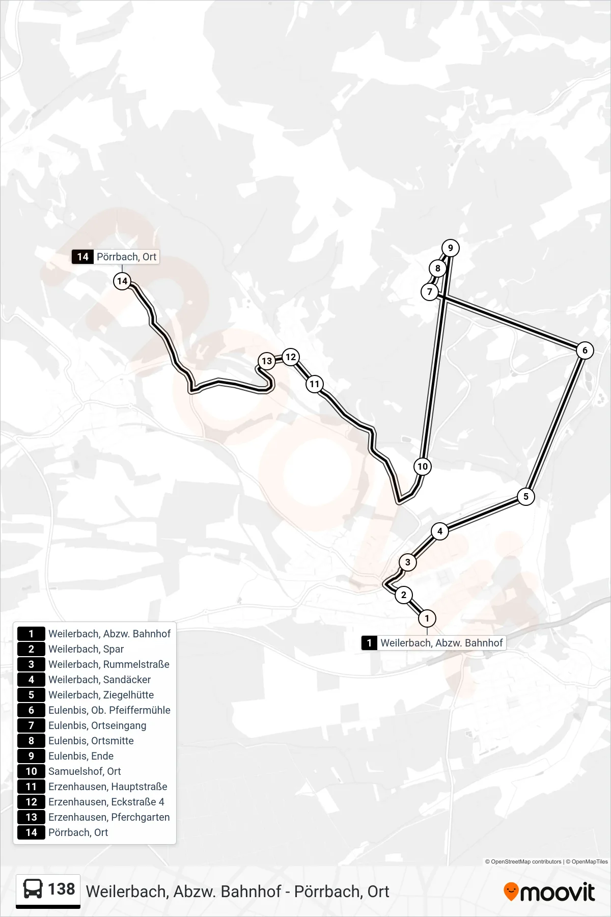 138 bus Line (Pörrbach, Ort) route and stops on a map