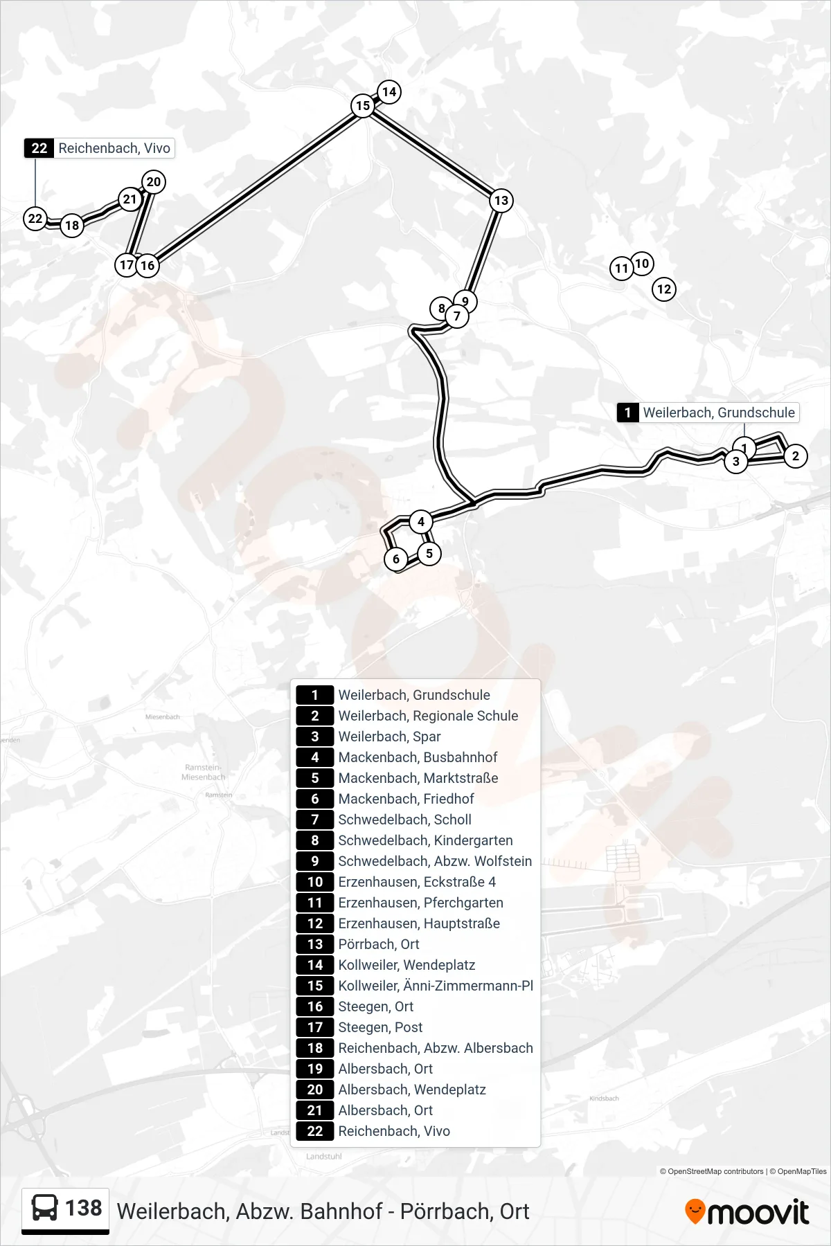 138 bus Line (Reichenbach, Vivo) route and stops on a map
