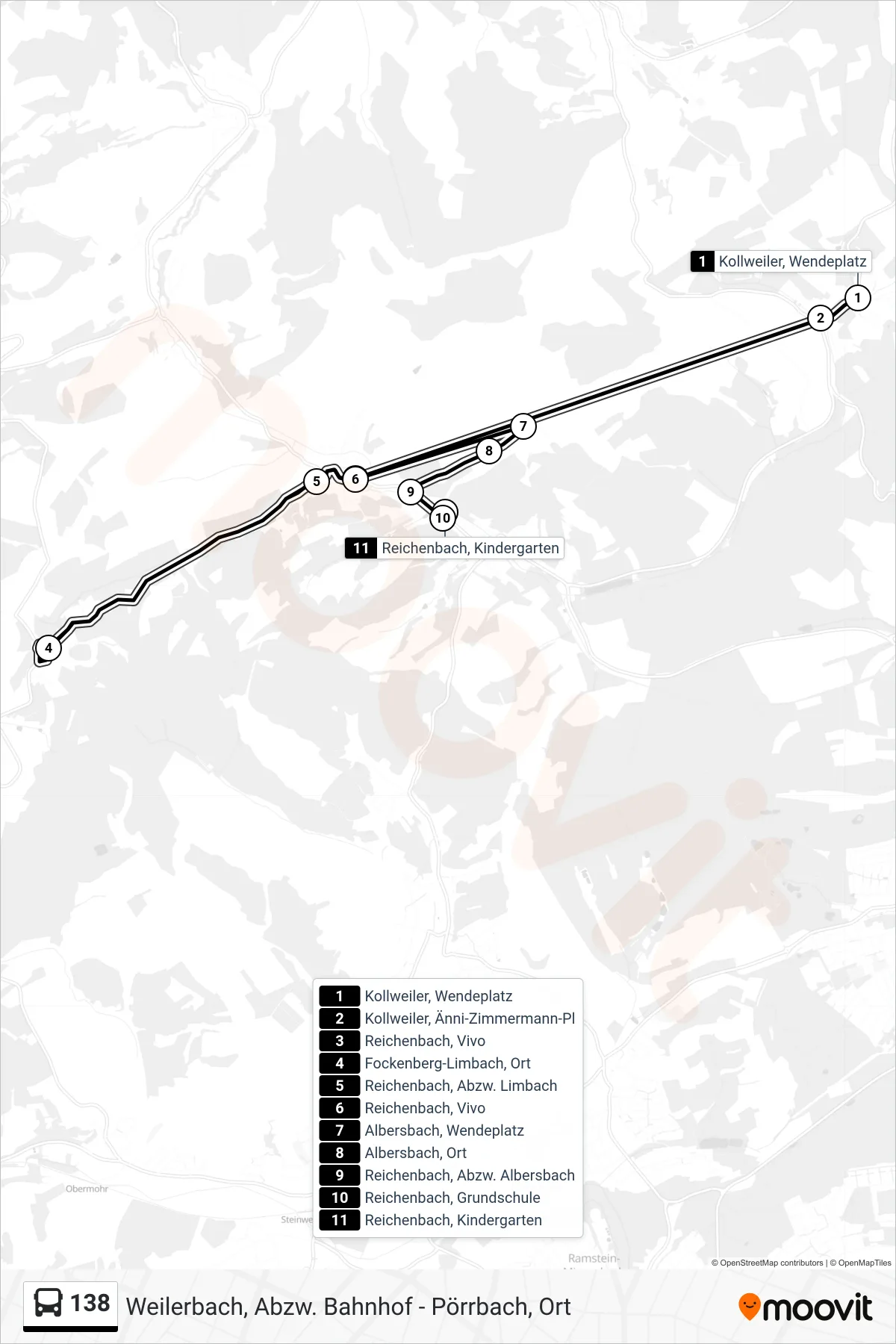 138 bus Line (Reichenbach, Kindergarten) route and stops on a map