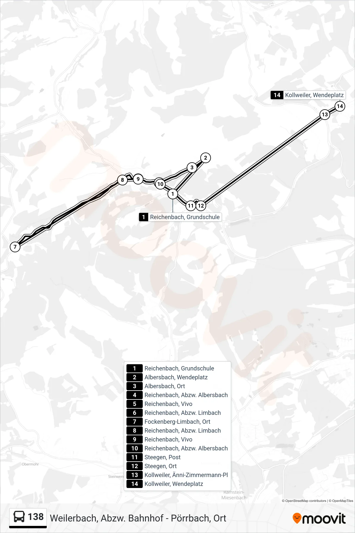 138 bus Line (Kollweiler, Wendeplatz) route and stops on a map