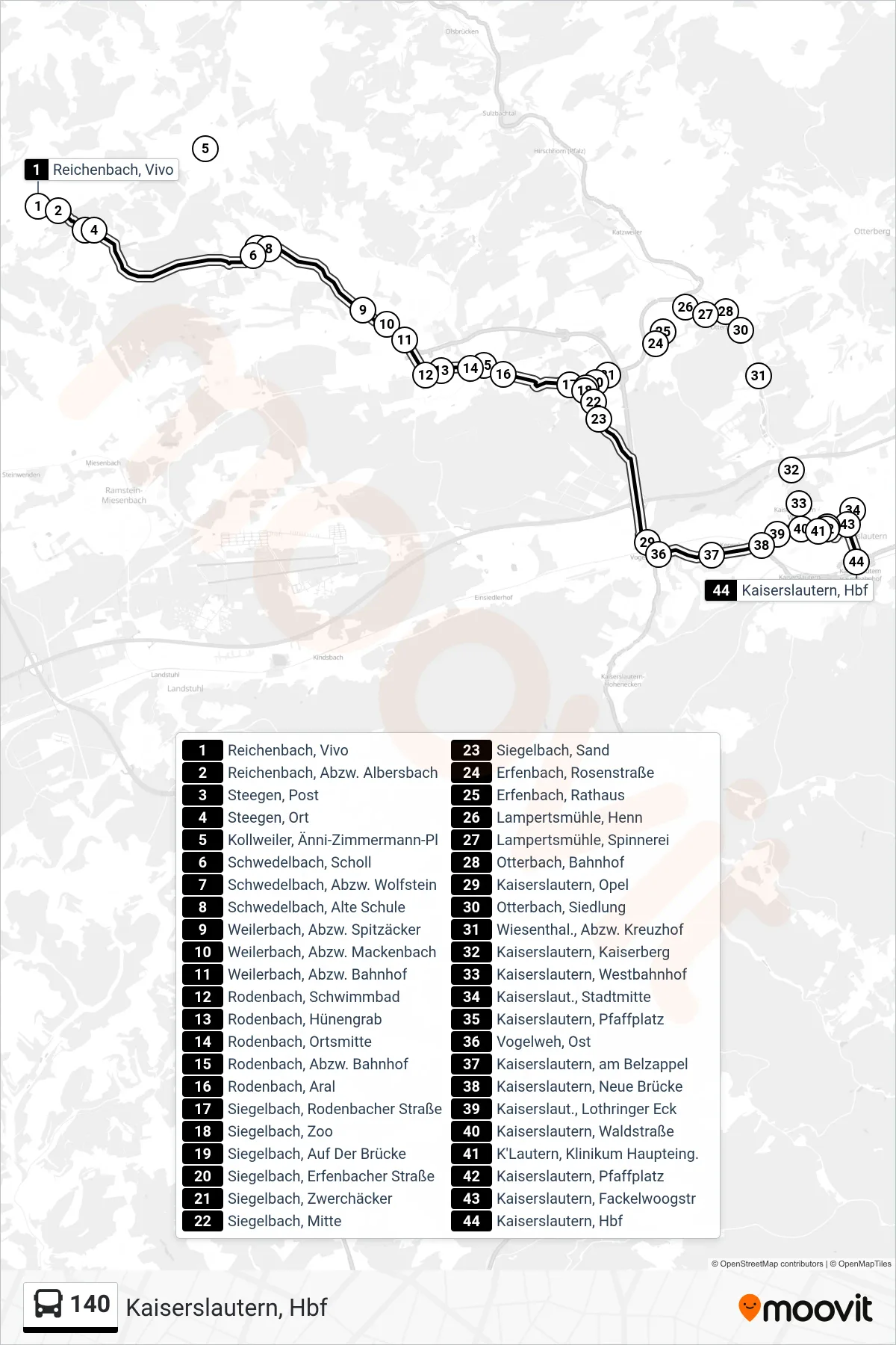 140 bus Line (Kaiserslautern, Hbf) route and stops on a map