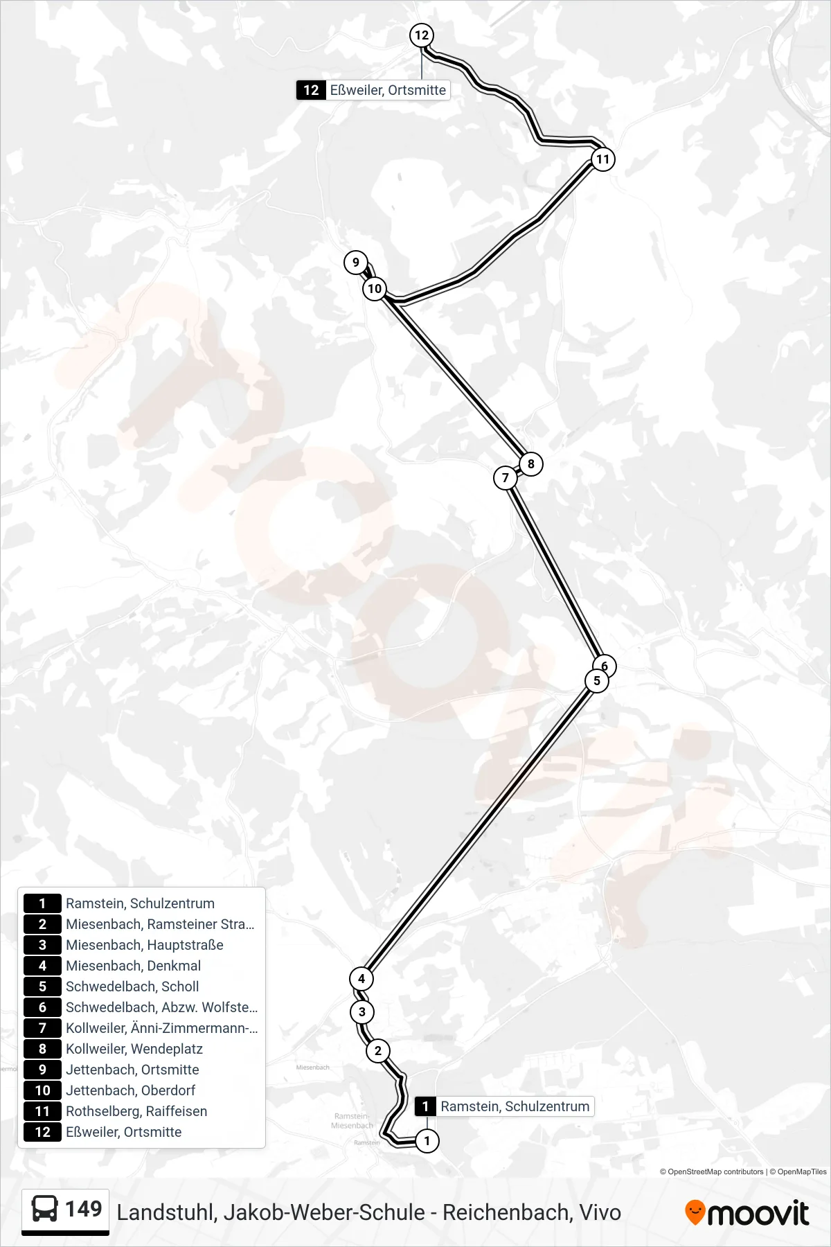 149 bus Line (Eßweiler, Ortsmitte) route and stops on a map