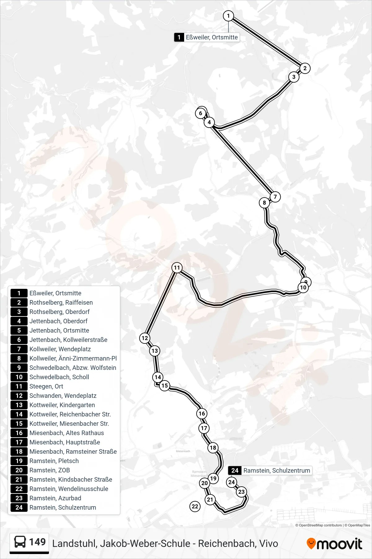 149 bus Line (Ramstein, Schulzentrum) route and stops on a map