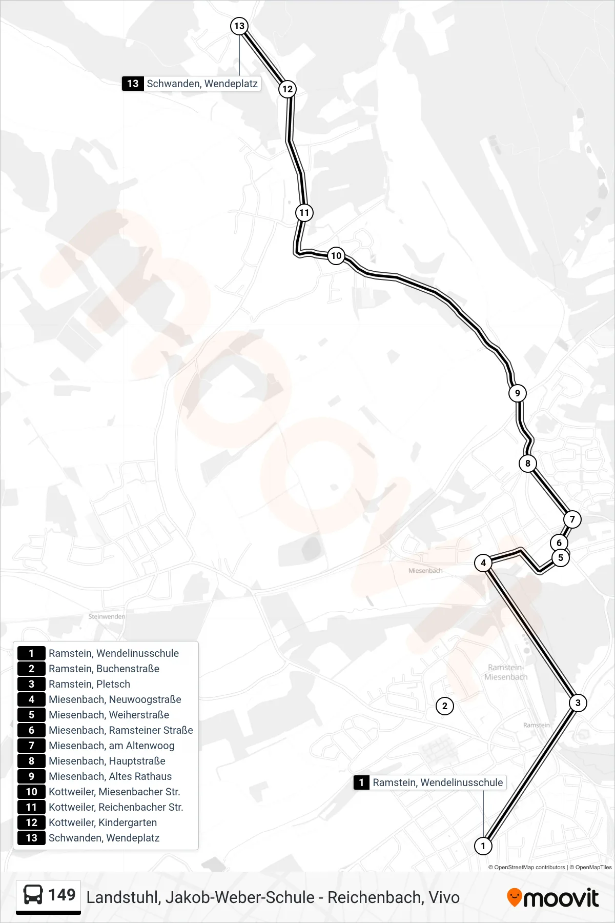 149 bus Line (Schwanden, Wendeplatz) route and stops on a map