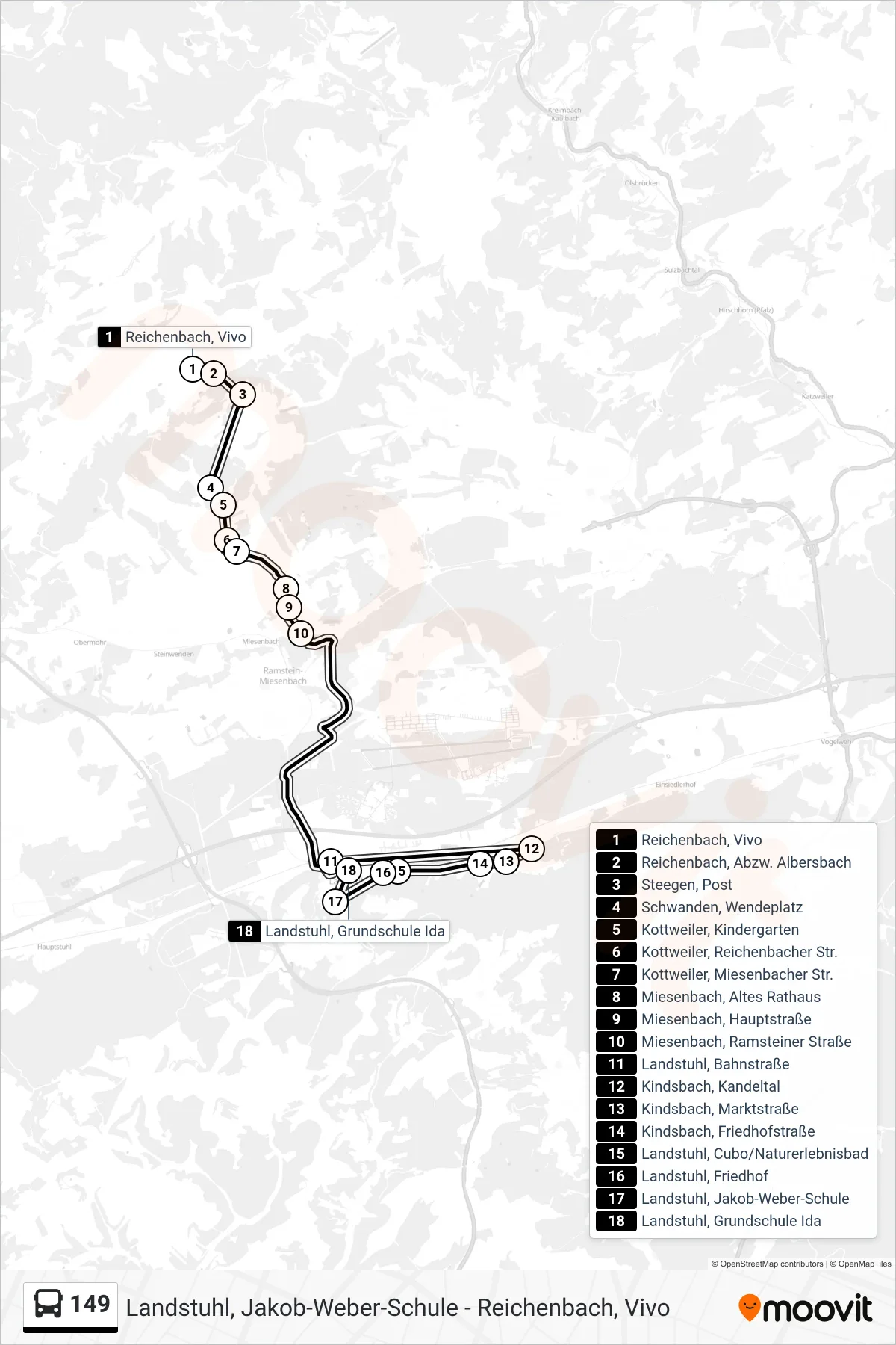 149 bus Line (Landstuhl, Grundschule Ida) route and stops on a map
