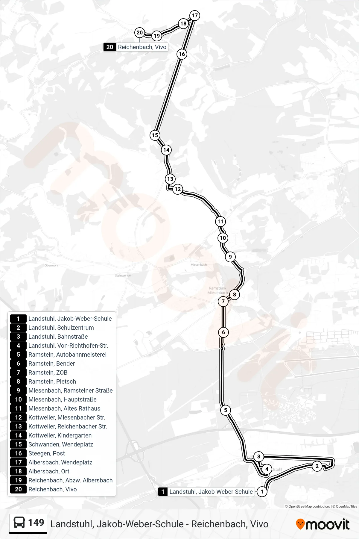 149 bus Line (Reichenbach, Vivo) route and stops on a map