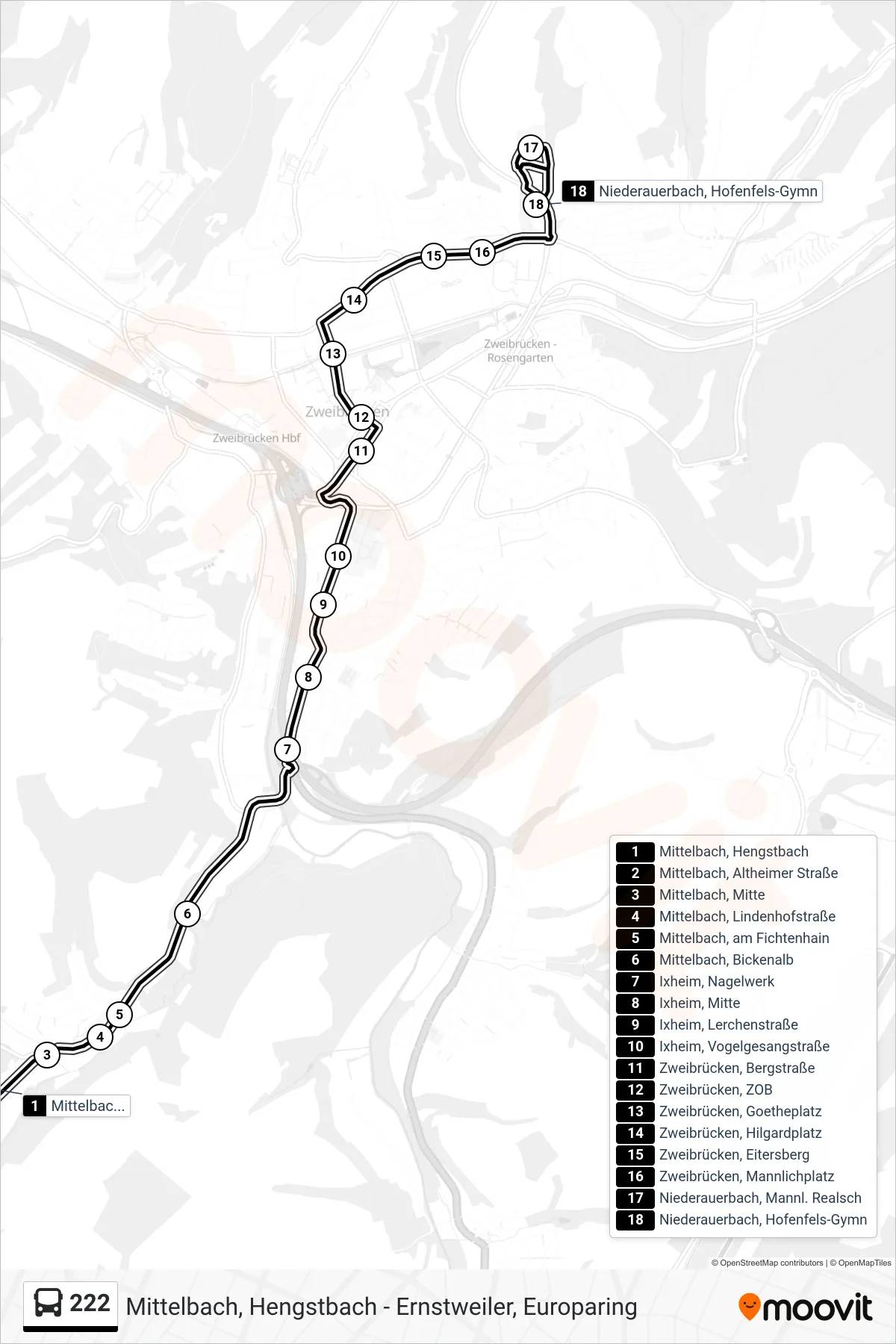 222 bus Line (Niederauerbach, Hofenfels-Gymn) route and stops on a map
